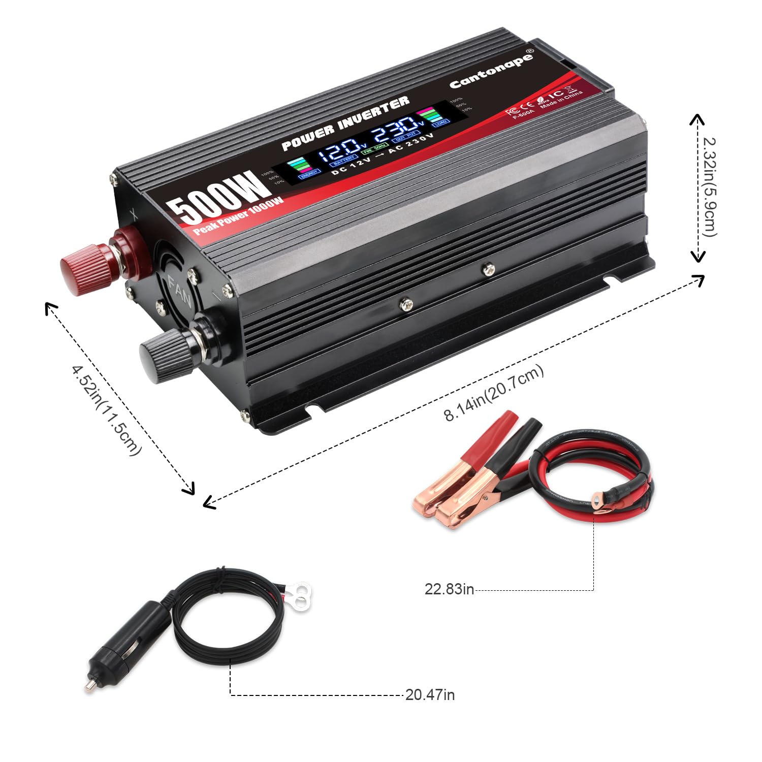 Cantonape 500W/1000W Inversor de Corriente Portatil DC 12V a AC 220V 230V con Pantalla LCD Monitor, 2USB, EU sockets para Coche, Caravana, Barco, cámpin