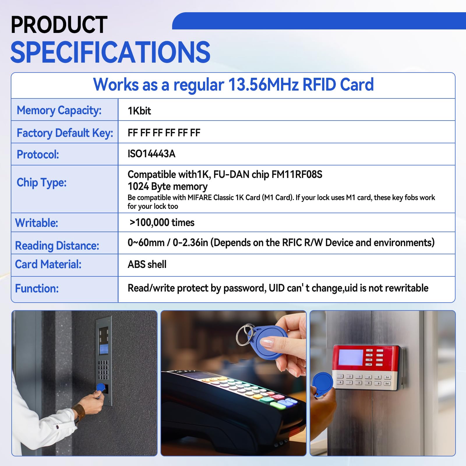 MIFARE Llaveros clásicos 1K RFID IC ISO14443A 13.56 MHz tarjeta control acceso azul 50 unidades