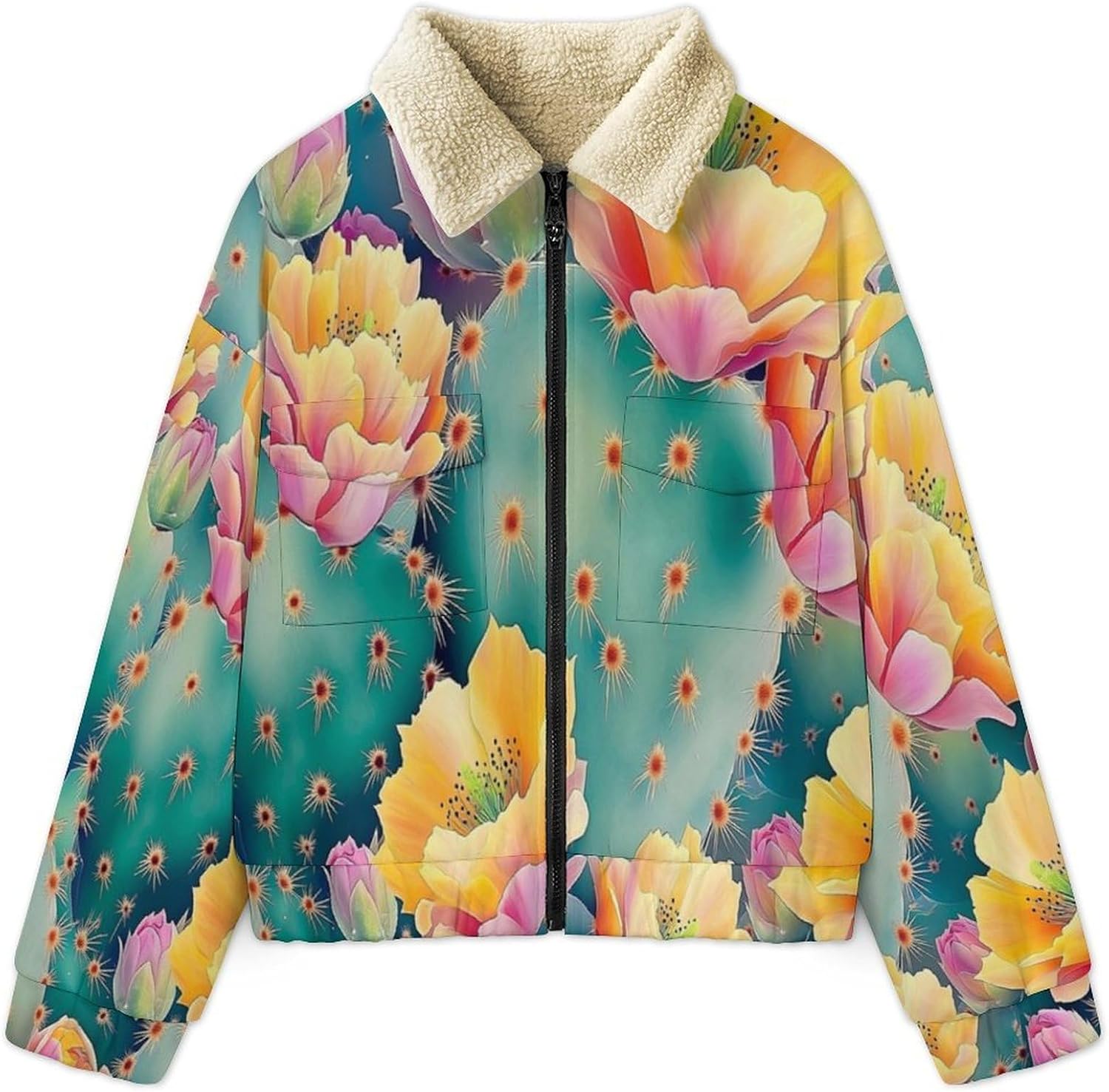 Women's Full Zip Soft Polar Fleece Jacket, cactus flowers Printed Outdoor Coat, Long Sleeve Comfortable Outerwear
