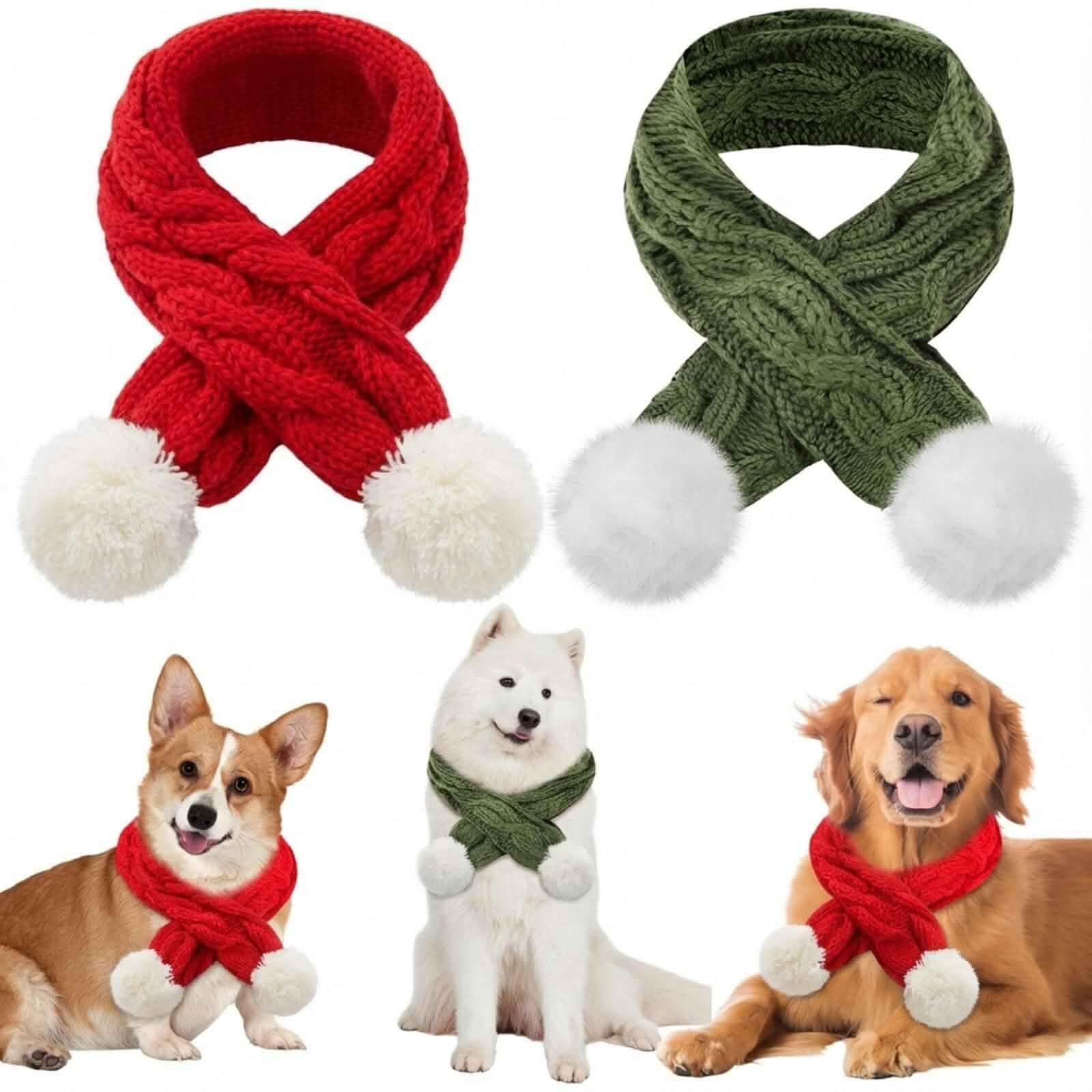 Aliceset 2 Pcs Dog Knitted Scarf with Pompom, Red, Green, Hairball Winter Fleece Neck Warmer for Small Medium Pets, Puppy Cat Christmas Holiday Party, Cable Knit Texture