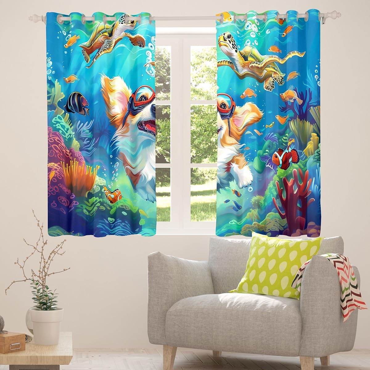 Corgi Dog Curtains,Kids Adults Teens Room Decor Underwater Dogs Sea Turtle Boys Girls Window Treatment Curtain,Nautical Ocean Animals Window Drapes,Top 2 Panel,42Wx63L