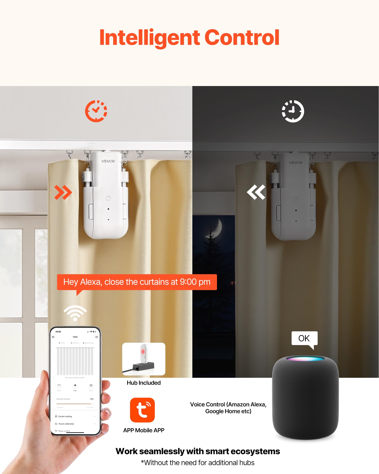 VEVOR Apri Tenda Automatico, Confezione da 2 pezzi APP Telecomando Controllo Vocale, Apri Tenda Compatibile con Alexa e Google Home, per Tende a Pacchetto con Guide a U/I