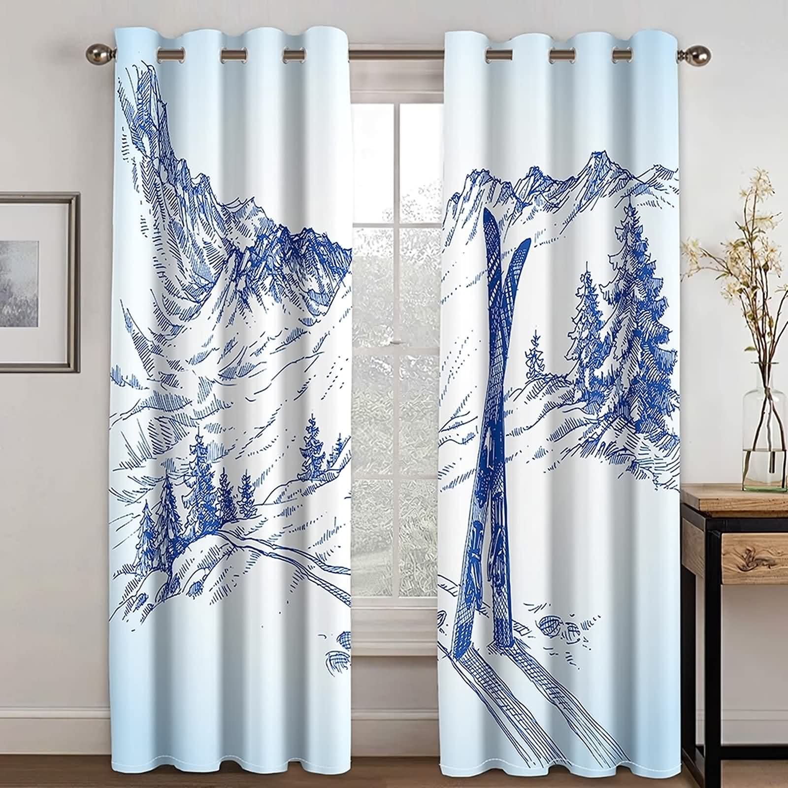 Aooaz Curtains Pattern, Curtain Party Polyester 2 Panels 98% Blackout Curtain 84Wx96L Inch Blue White Sketch Landscape Mountain