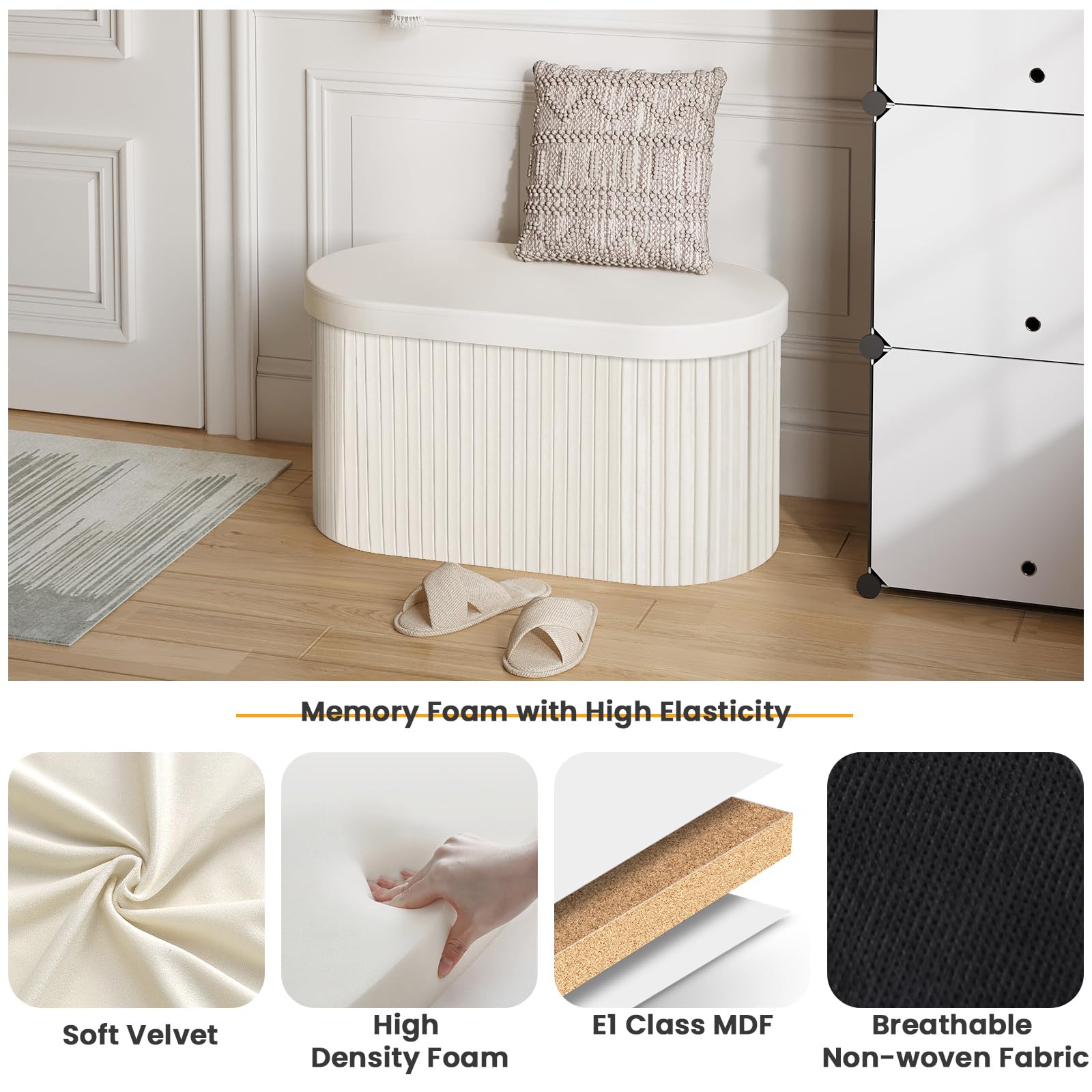 WOLTU Panca Contenitore, Cassapanca Contenitore Interno 76L, Poggiapiedi da Divano Pieghevole, Coperchio Rimovibile, per Soggiorno, Camera da Letto, 76x38x38cm, Crema