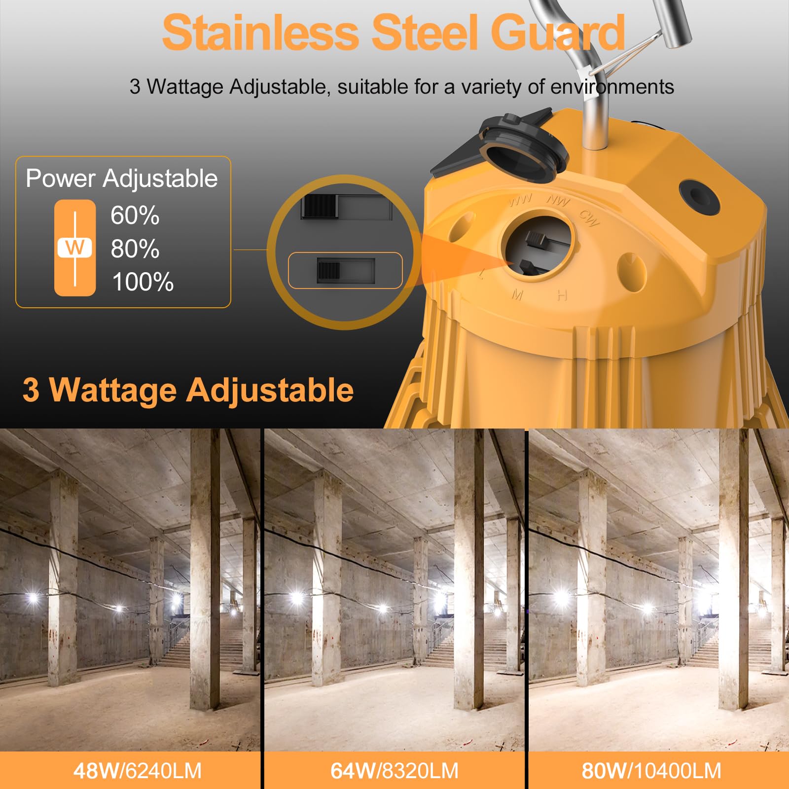 Tymczasowe światło robocze LED, 80 W/64 W/48 W, 12000 lm, 5000 K, przenośna lampa robocza, przenośna do oświetlenia garażu stodoły, tymczasowe podłączenie świateł roboczych, wejście 100~277VAC