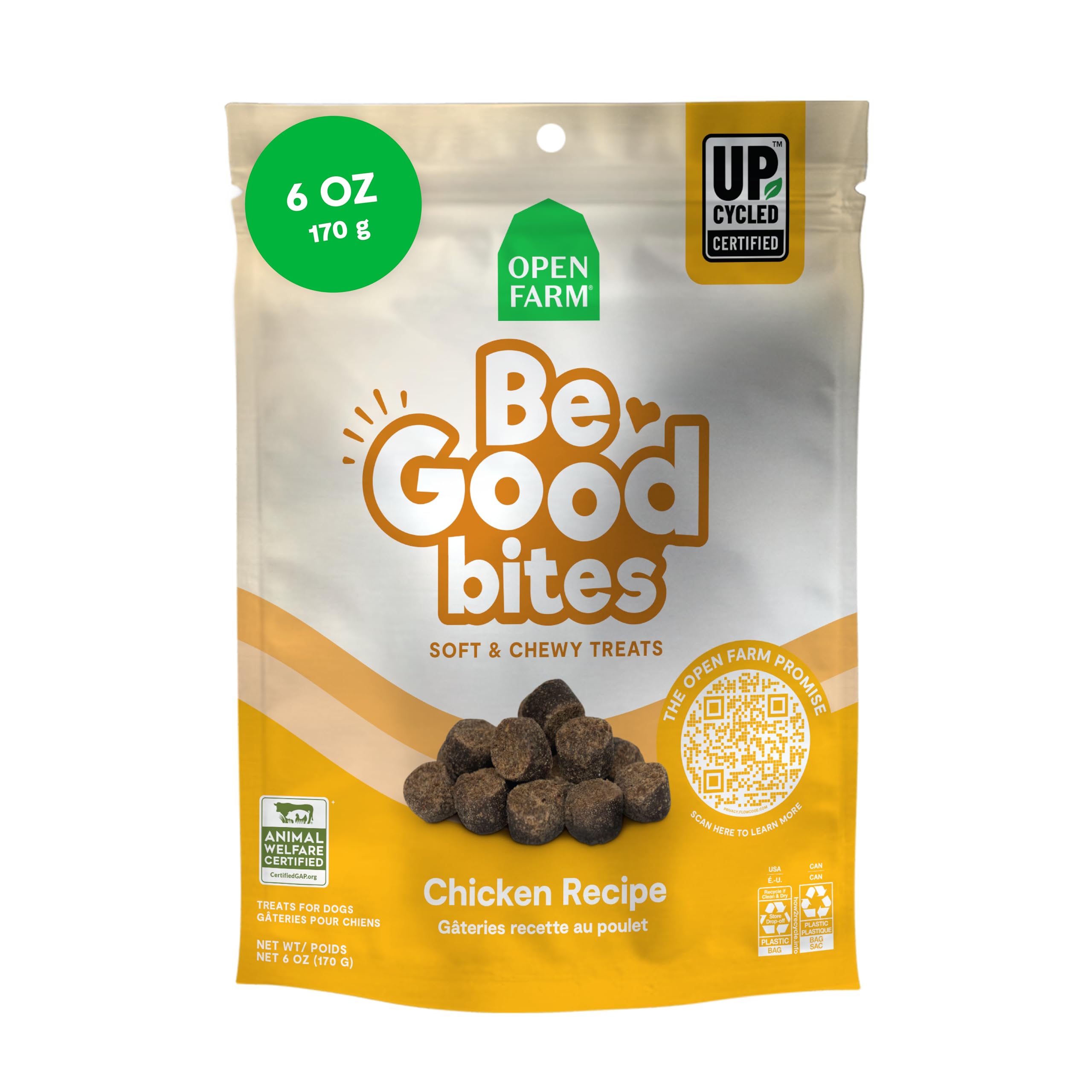 Open Farm, Be Good Bites, Soft Dog Training Treats, Small & Chewy, Made with Ethically & Sustainably Sourced Ingredients, Non-GMO Fruits & Grains, Chicken Recipe, 6oz Pouch