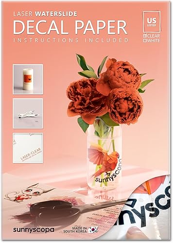 Sunnyscopa - Papel adhesivo waterslide para impresora láser, transparente, tamaño de carta de EE. UU., 8.5 x 11 pulgadas, 100 hojas, papel