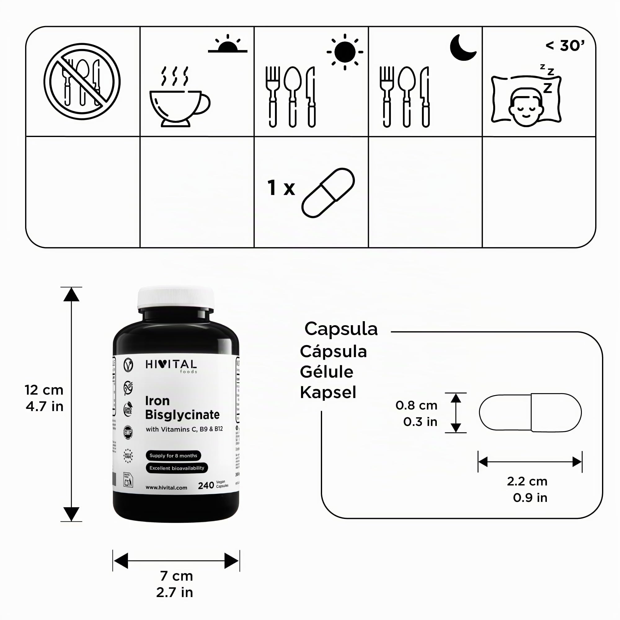 Ferro 14 mg. 240 capsule vegane per 8 mesi di trattamento. Ferro Bisglicinato con Vitamina C, Acido Folico e Vitamina B12. Prodotto in Europa da HIVITAL