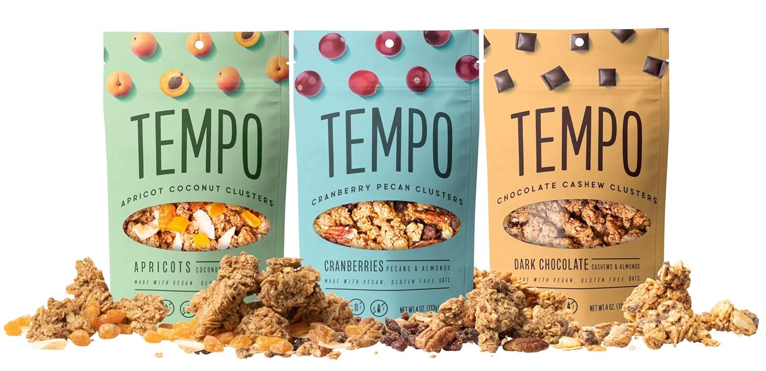Tempo Granola Cluster Variety Pack - Dark Chocolate, Cranberry, Apricot - Vegan, Gluten Free, Oats, Low Sugar, Vegan, Dairy Free, Soy Free, Vitamin E, Prebiotics - High Protein Snacks with Oats - 6 Pack of 4 oz Bags