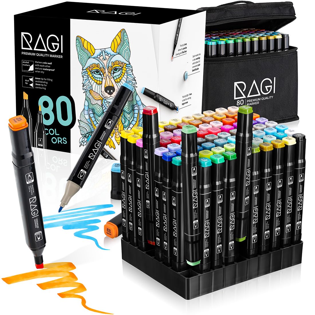 RAGI Lot de 80 marqueurs à alcool - Couleurs intenses - Marqueurs double face pour peindre des illustrations, séchage rapide, imperméables et sûrs - Set avec base dans une pochette noire