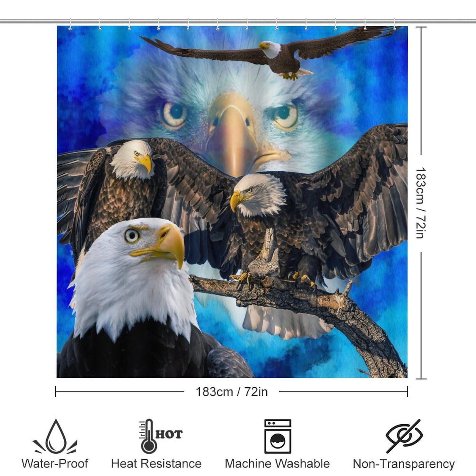 Rustic Wildlife Bald Eagle 4 Piece Shower Curtain Sets,Abstract Vintage Native American Animal Eagle Non-Slip Rugs,Toilet Lid Cover and Bath Mat,Durable and Waterproof,for Bathroom Decor Set