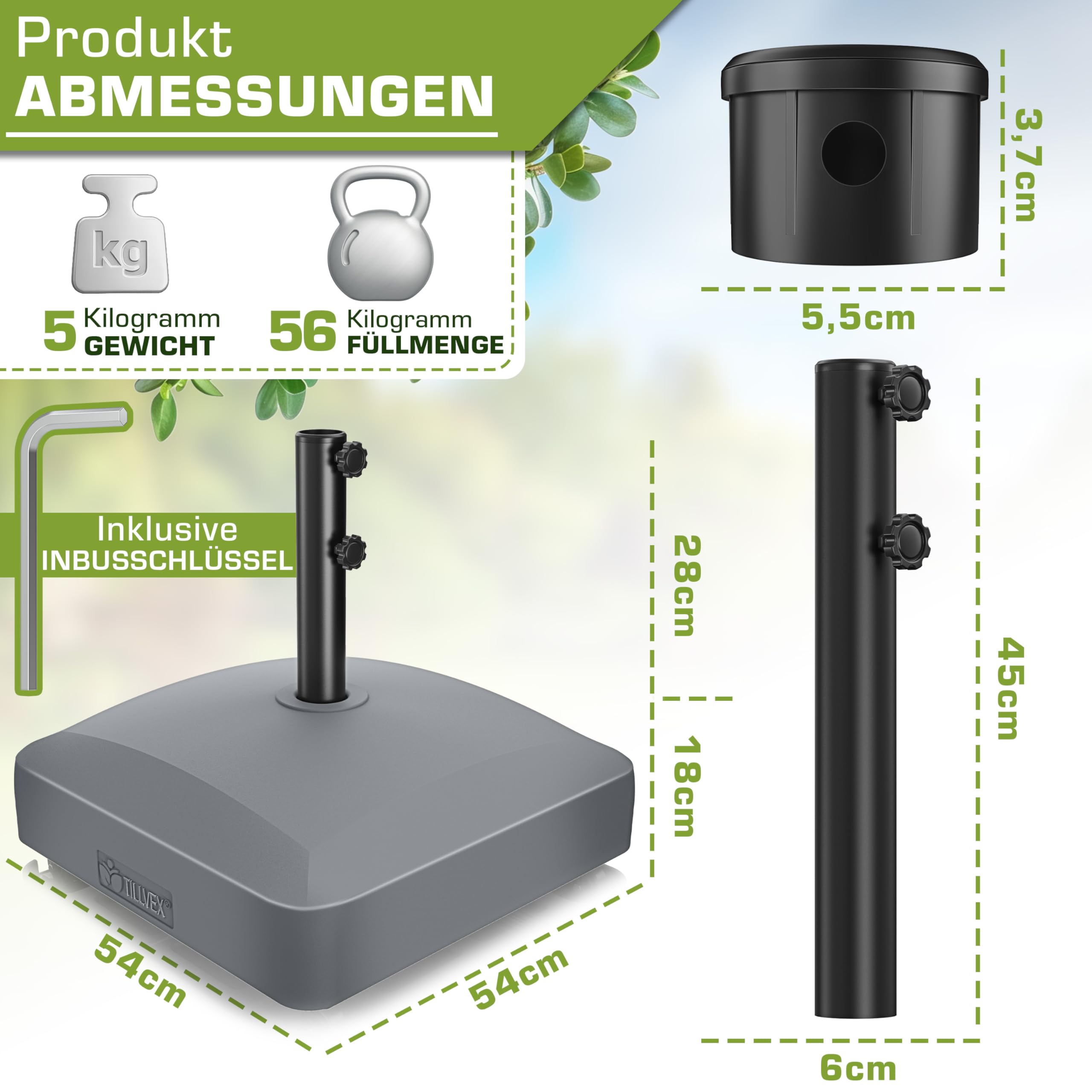 tillvex® Sonnenschirmständer PAVERA mit Rollen & Bremsen | Schirmständer befüllbar 37 Liter/56 kg | Schirmgewicht Sonnenschirm & Marktschirm Ø1,8-3,7m | Rollbar, wetterfest & UV-beständig (Anthrazit)