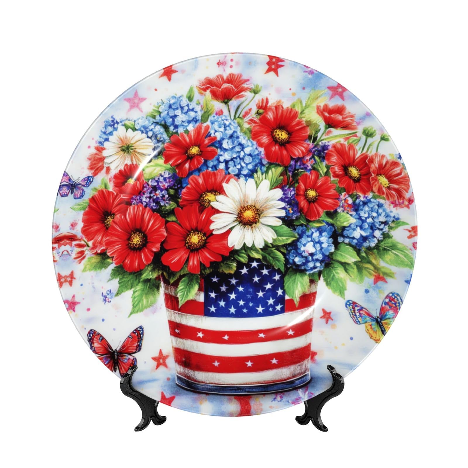 YZILDP American Flag Hydrangeas Daisies Ceramic Plate with Stand,6 in,4th of July Decorative Plates for Wall Hanging Ceramic Craft for Kitchen Cabinets Dining Room Office Home Decor