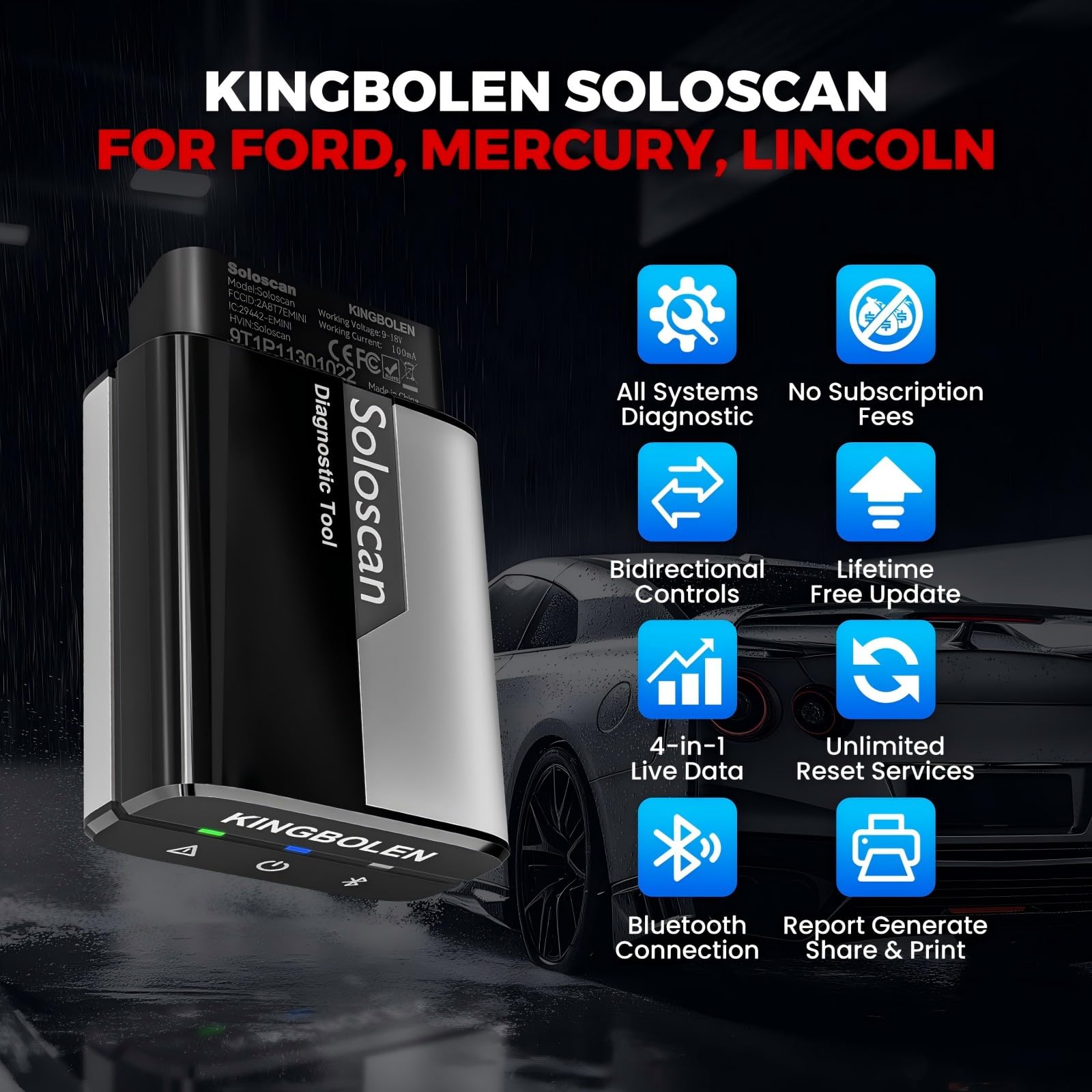 KINGBOLEN Soloscan OBD2 Diagnosegerät für Ford/für Mazda, Alles System Kfz Diagnosegerät für iPhone & Android, 50+ Reset-Funktion,Bi-direktionale,Aktiver Test,Lebenslanges kostenloses Update.