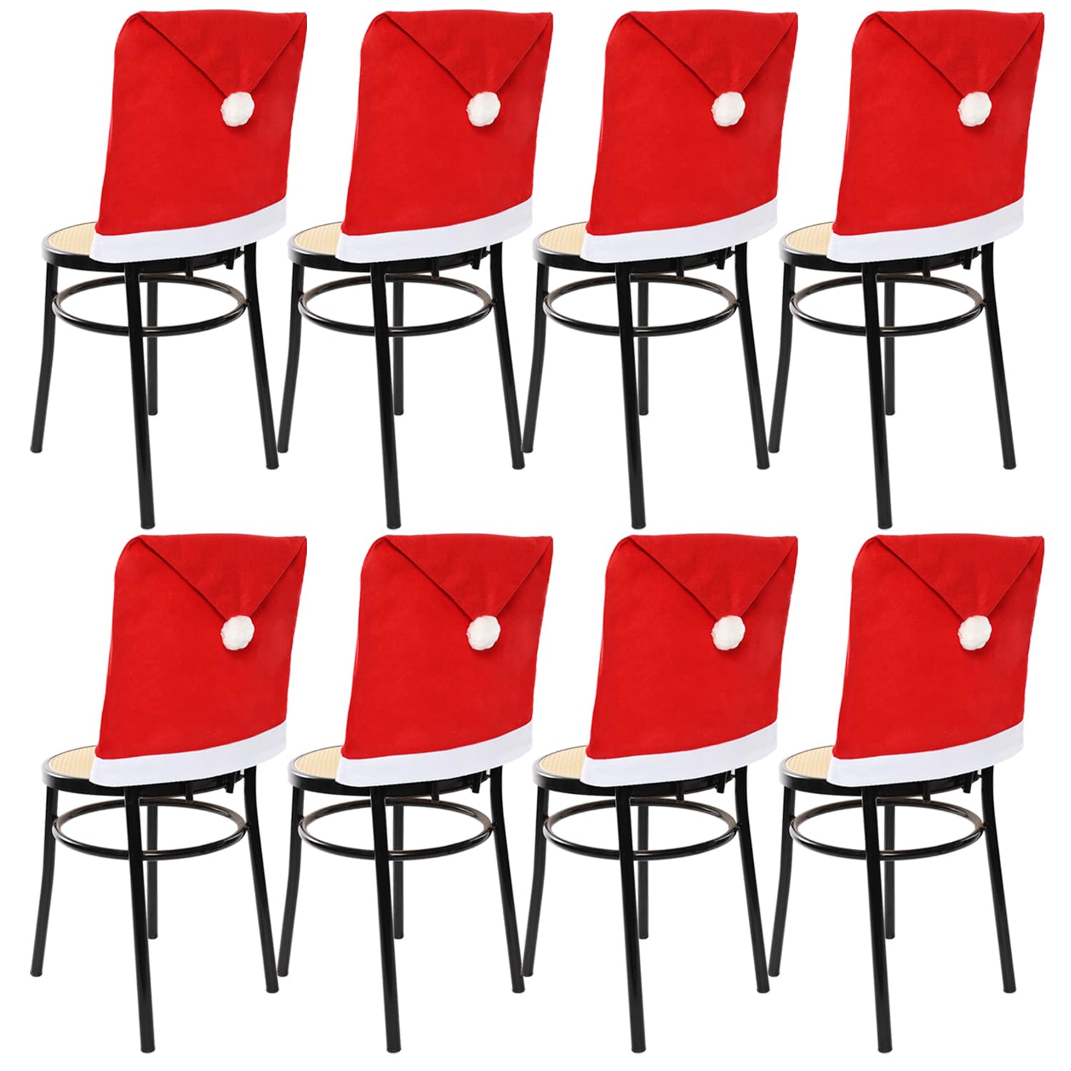 I LOVE FANCY DRESS Santa Hat Christmas Chair Covers - Pack of 8 - Large Red Chair Covers with White Trim and Bobble - Christmas Party Table Decoration