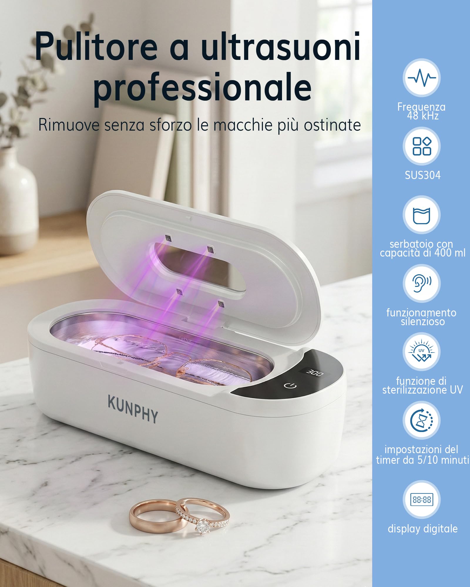 Pulitore ad ultrasuoni, 48 kHz, pulitore ultrasonico, adatto per gioielli, parentesi graffe e rasoi
