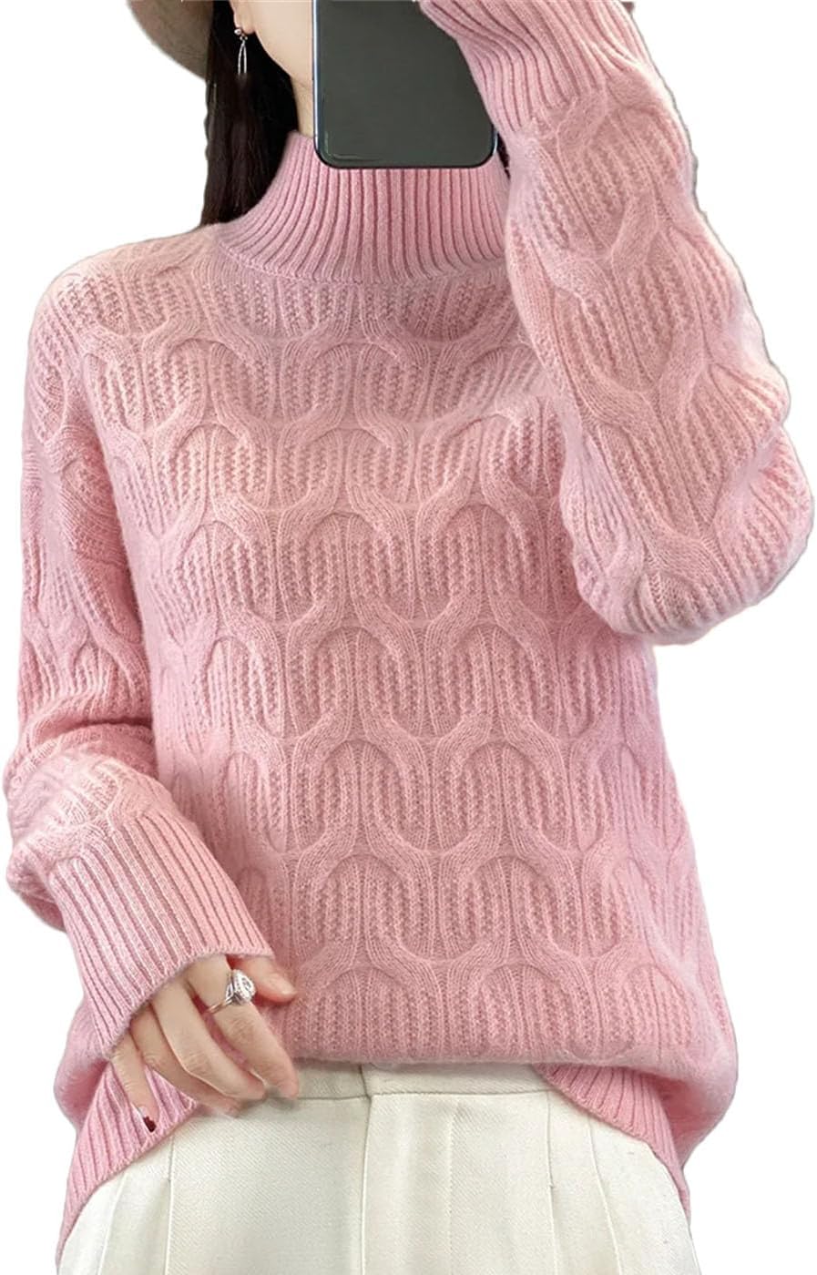 Women's 100% Australian Wool Sweaters Mock Neck Long Sleeves Cable Knit Jumper Winter Basic Soft Thermal Tops
