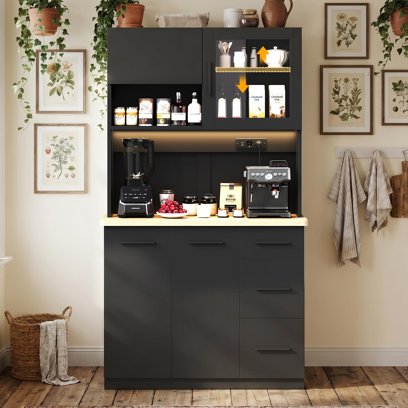 JUMMICO Buffetschrank, 100 x 40 x 182(H) cm, Küchenschrank mit 2 Steckdosen und LED Streifen 3000K, Küchenbuffet mit verstellbaren Einlegeboden und Arbeitsplatte 24 mm, Schwarz