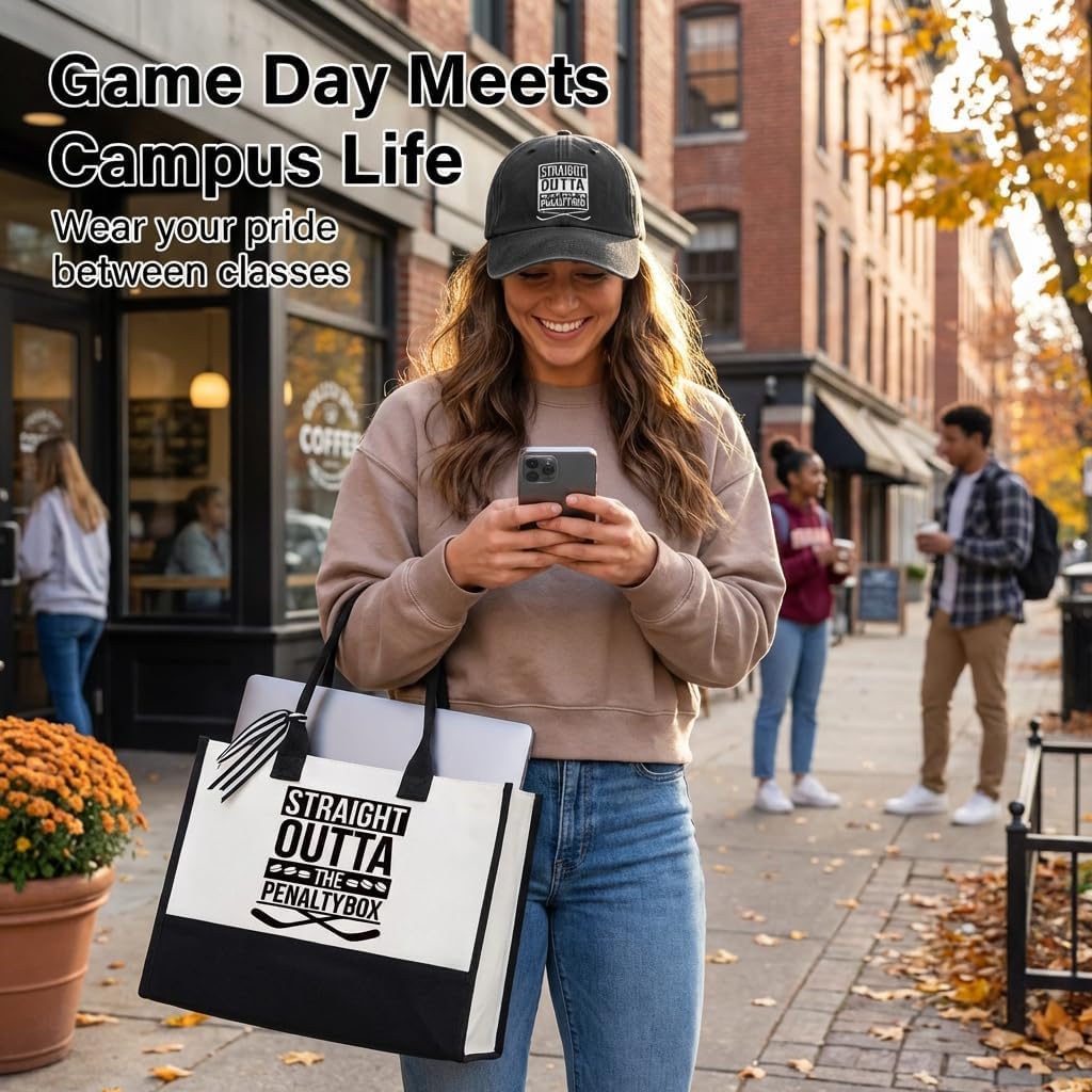 TheClover Penalty Box Hockey Fan Set – Canvas Tote Bag & Washed Cotton Cap, Black and White Sport Design, Game Day Gear for Hockey Supporters