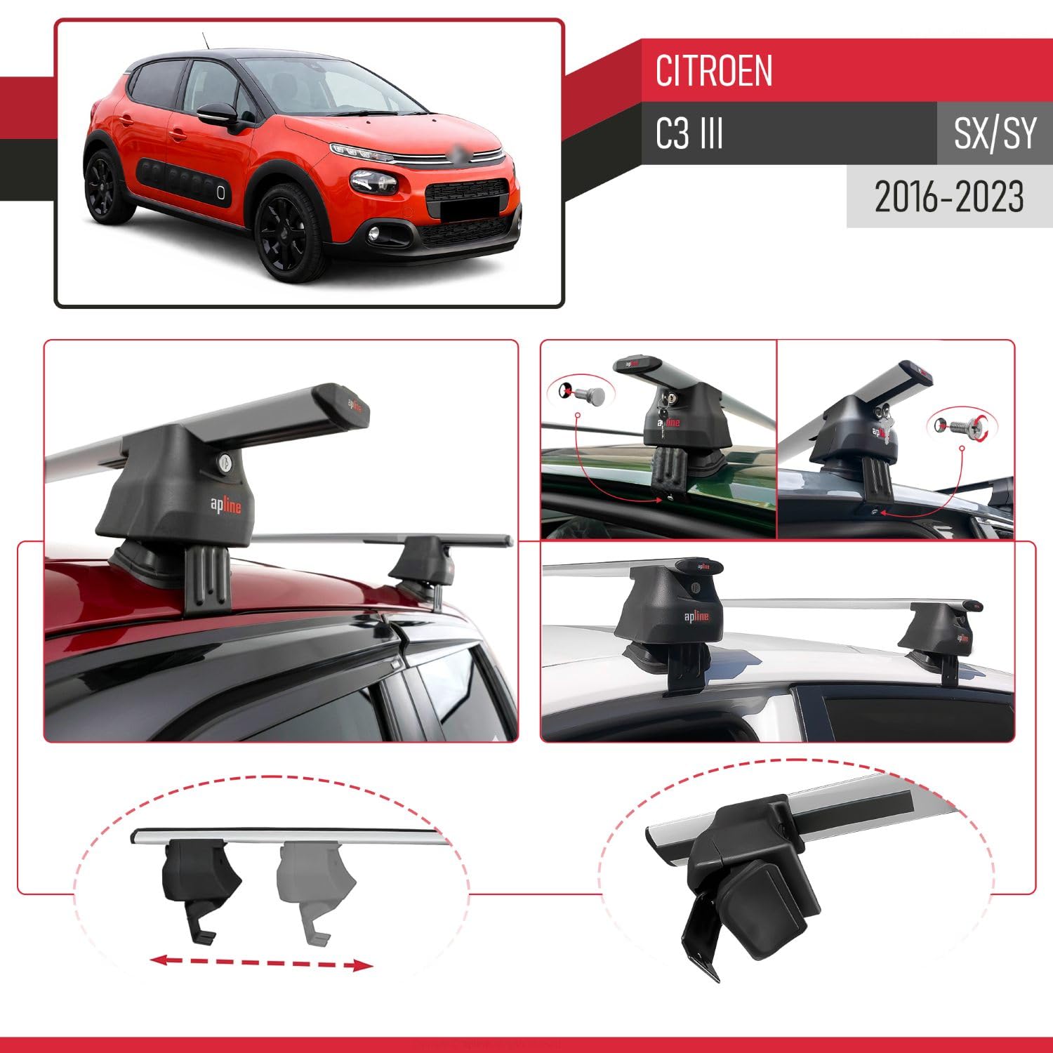 Pasuje do Citroen C3 III (SX/SY) 2016-2023 ACE-4 relingi dachowe bagażnik samochodowy, szary, aluminium, 2 pręty