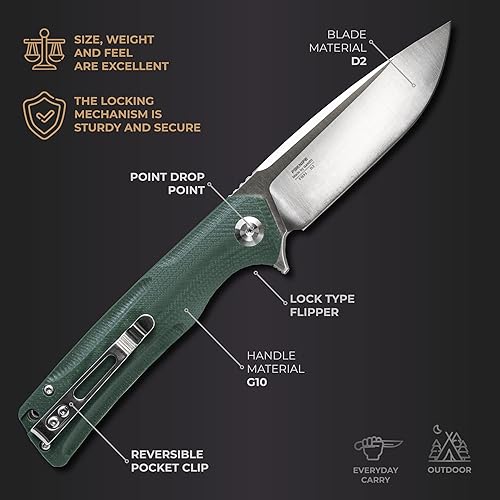 Miniatura 3 de Firebird GANZO FH91-GB Cuchillo plegable de bolsillo con rodamientos de bolas, hoja de acero D2, mango ergonómico G10 antideslizante con clip,