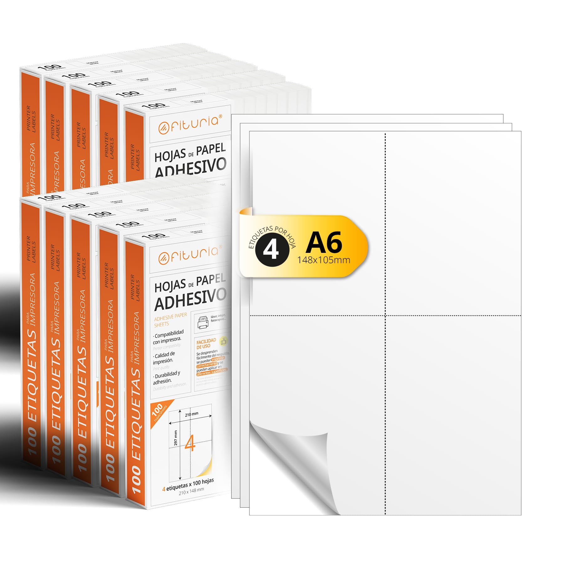 Białe etykiety samoprzylepne A4, stwórz własne naklejki na całą powierzchnię, bezpieczny samoprzylepny papier A4, etykiety samoprzylepne do drukowania - Ofituria (4 na arkusz, 2000 arkuszy)