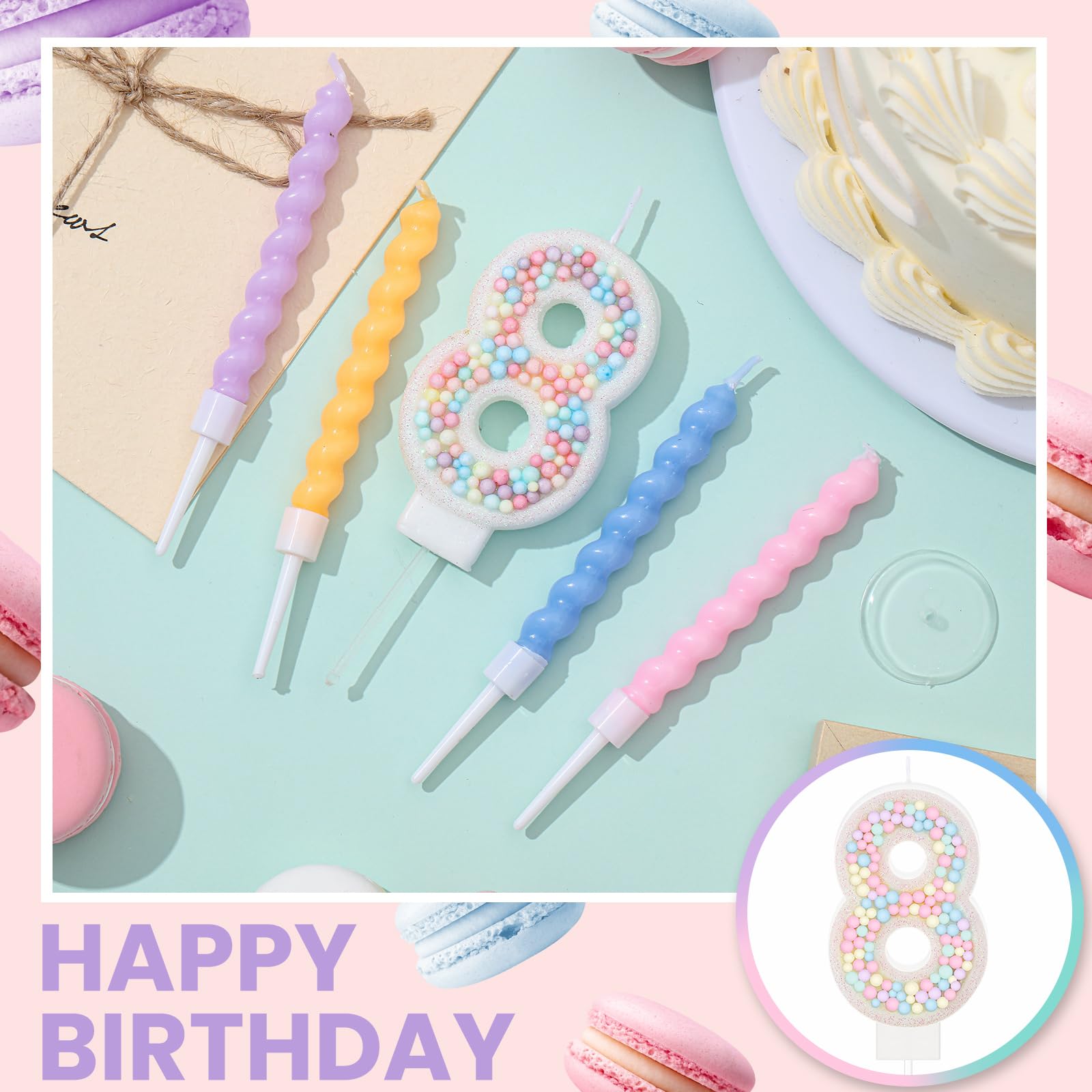 MTLEE Vela de cumpleaños con purpurina de macarrón con números 3D con 12 velas en espiral arcoíris en soportes para decoración de tartas de niña y niño, boda, aniversario, decoración de fiesta