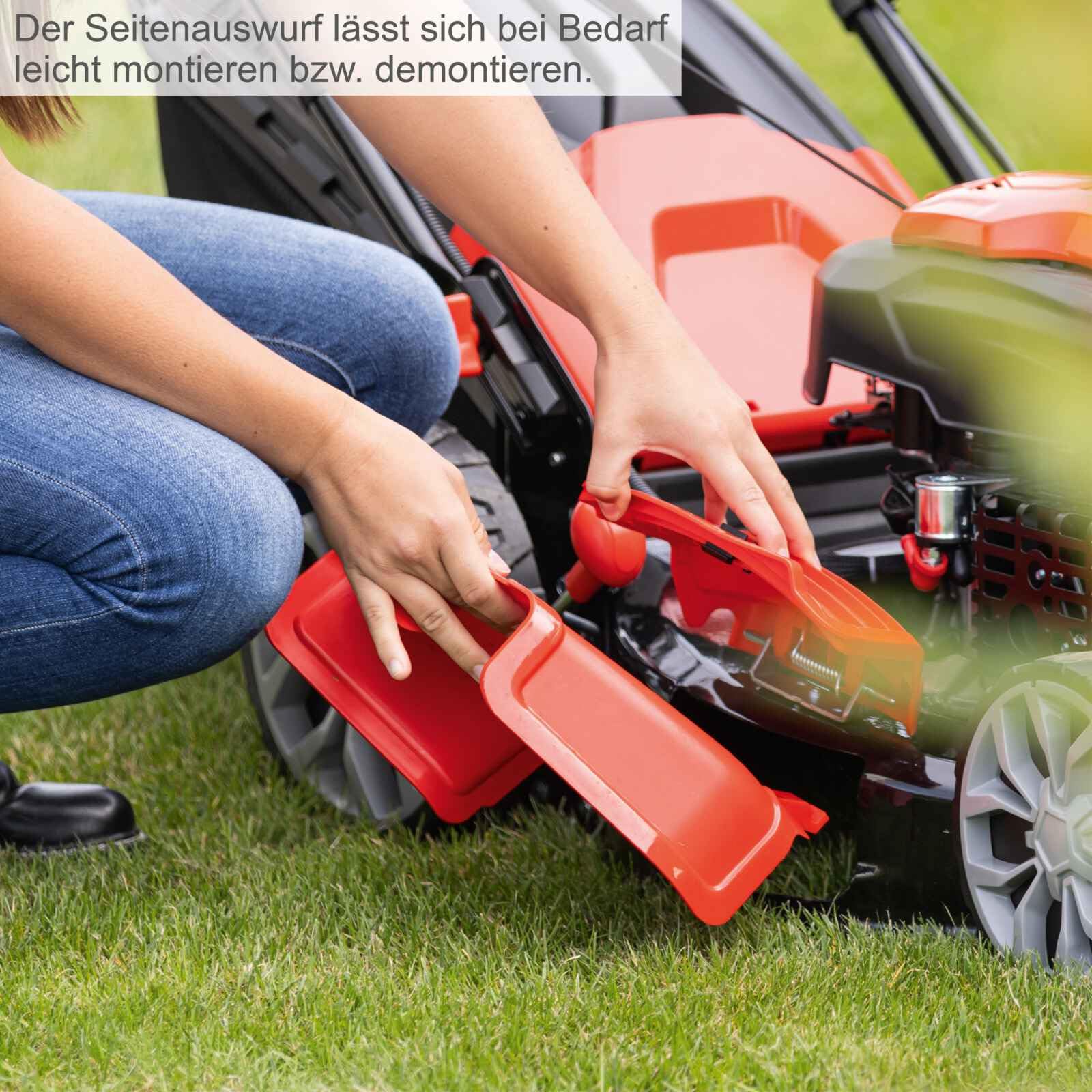 Scheppach Benzin Rasenmäher MS225-56E mit E-Start | Radantrieb | 6PS | 56 cm Schnittbreite | 7-fache Schnitthöhenverstellung | 65 Liter Fangkorb | Reinigungsfunktion | Mulchfunktion | Seitenauswurf