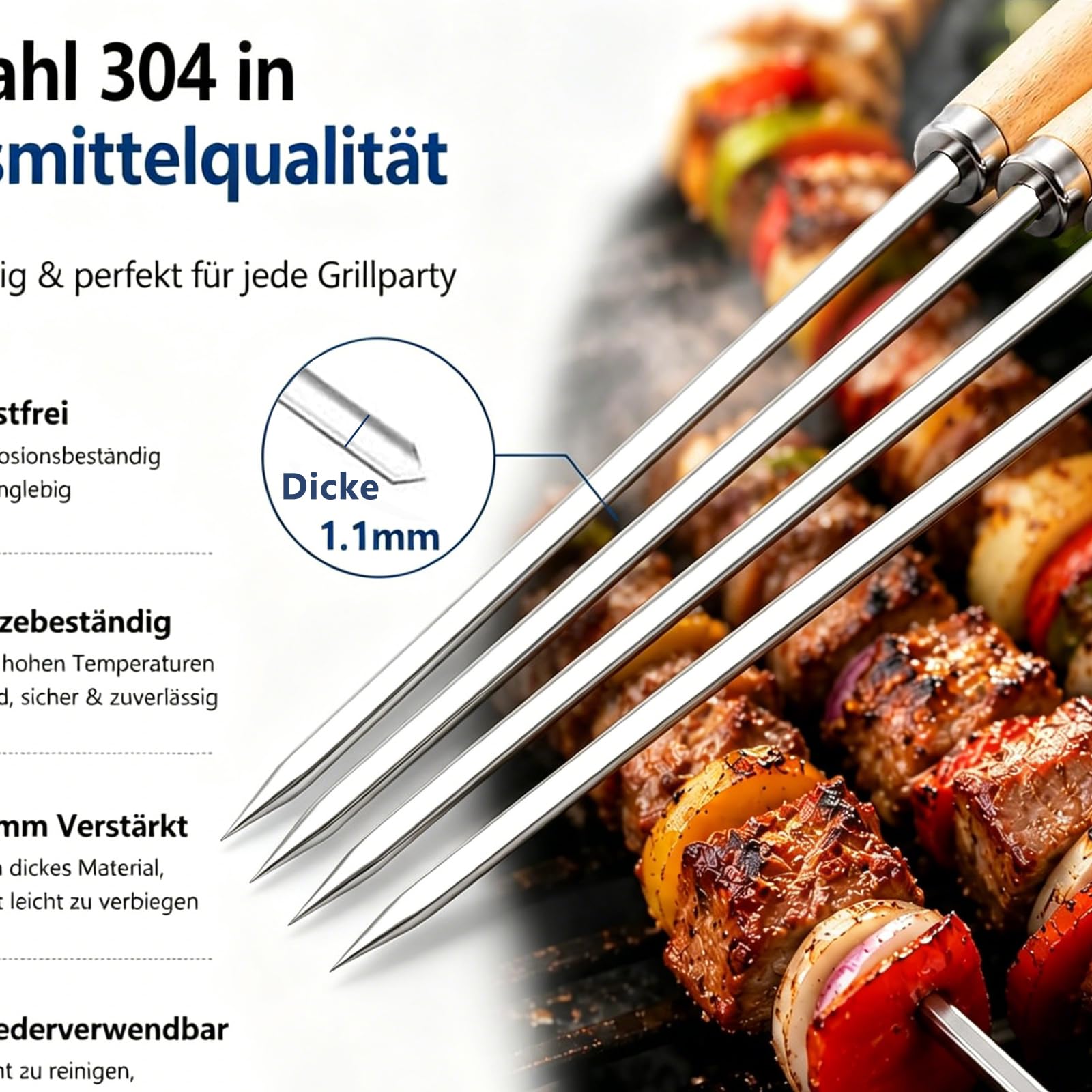 25 spiedini per barbecue in acciaio inox 304 con manico in legno, 35 cm di lunghezza, riutilizzabili, per carne, verdure, barbecue, feste, campeggio (argento 1)