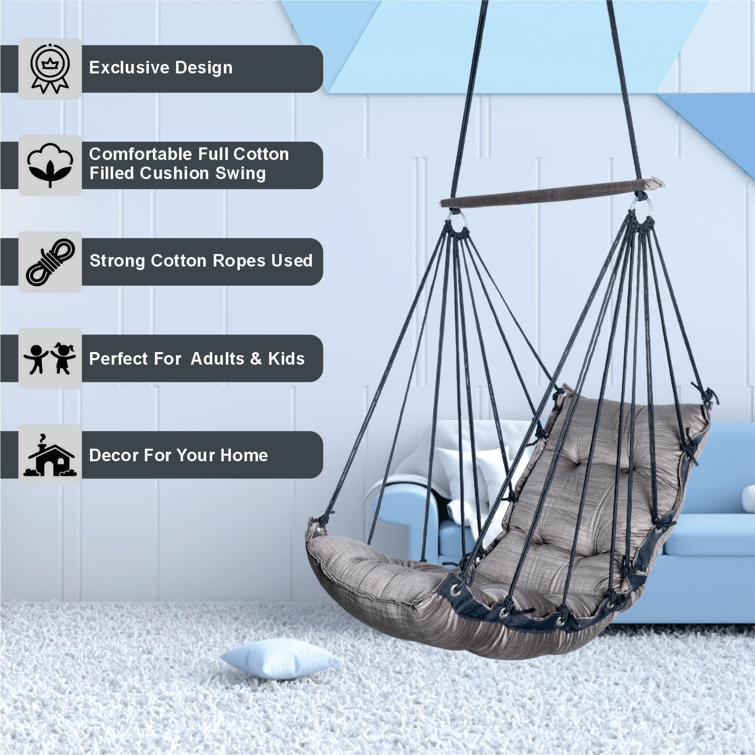 JULJULIA Swing for Balcony Comfortable Cotton Swing Relaxing Jhula for Adults for Home Indoor Outdoor Hanging Seat for Apartment Patio Terrace Garden- 200 kg Weight Capacity - JJ Low K Light Coffee 1