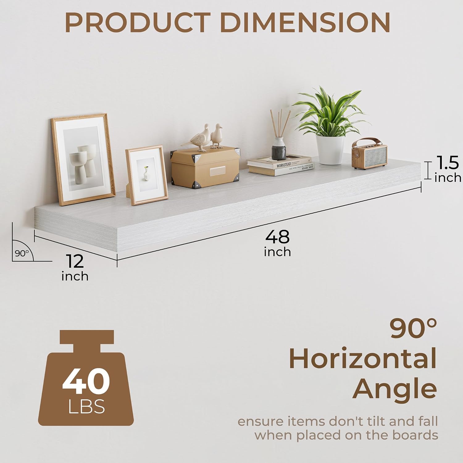 RICHFOCUS Deep Floating Shelves for Wall 2 Pack 12" D 48 Inch Wall Shelves for Room Wall|Wood Hanging Shelf with Invisible Brackets for Bathroom Bedroom Kitchen Laundry Room, White
