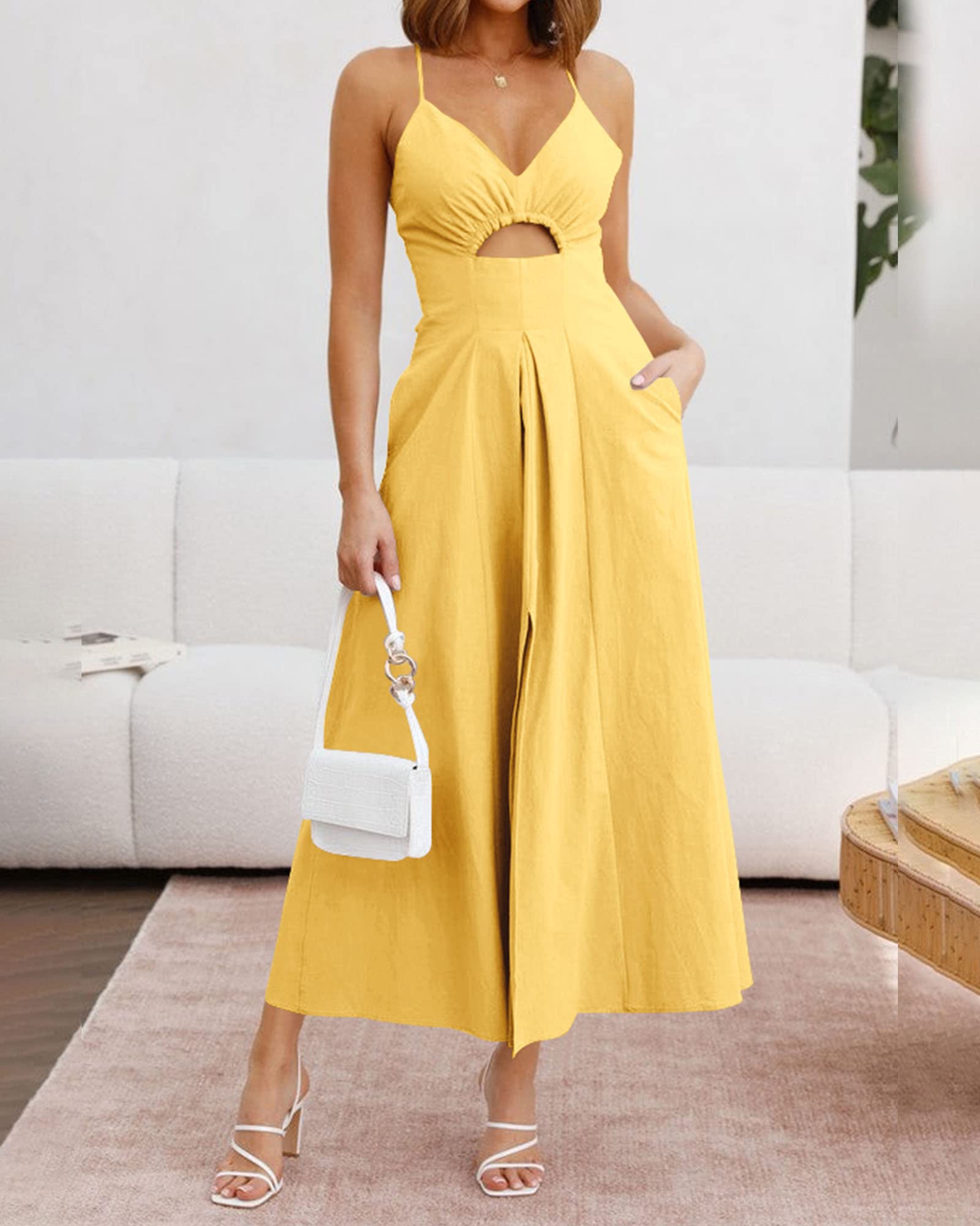 BTFBM Women 2026 Spaghetti Strap Midi Summer Dresses Sleeveless V Neck Cutout Slit Casual Beach Party Maxi Dress Pockets