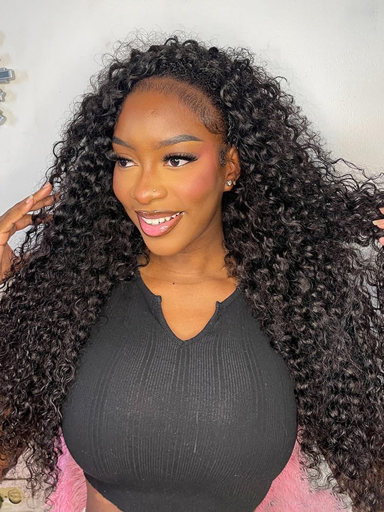 20 InchCurly Half Wig Human Hair 180 Density 3 In 1 Seamless Flip Over Half Wigs Beginner Friendly Glueless Wear and Go Kinky Curly Wig Human Hair Drawstring Headband Wig for Women