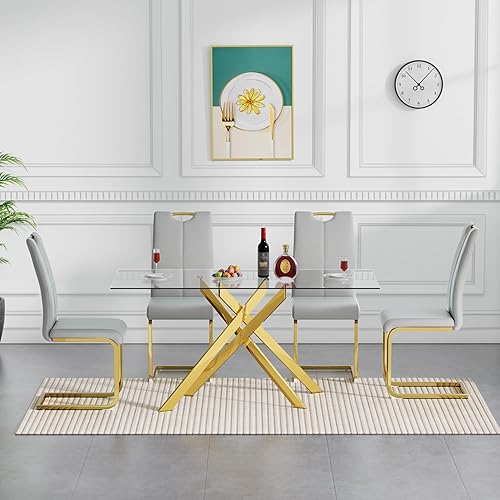 Miniatura 2 de Juego de mesa de comedor de cristal de 5 piezas para 4, moderno juego de mesa de cocina rectangular de vidrio templado transparente de 51.18