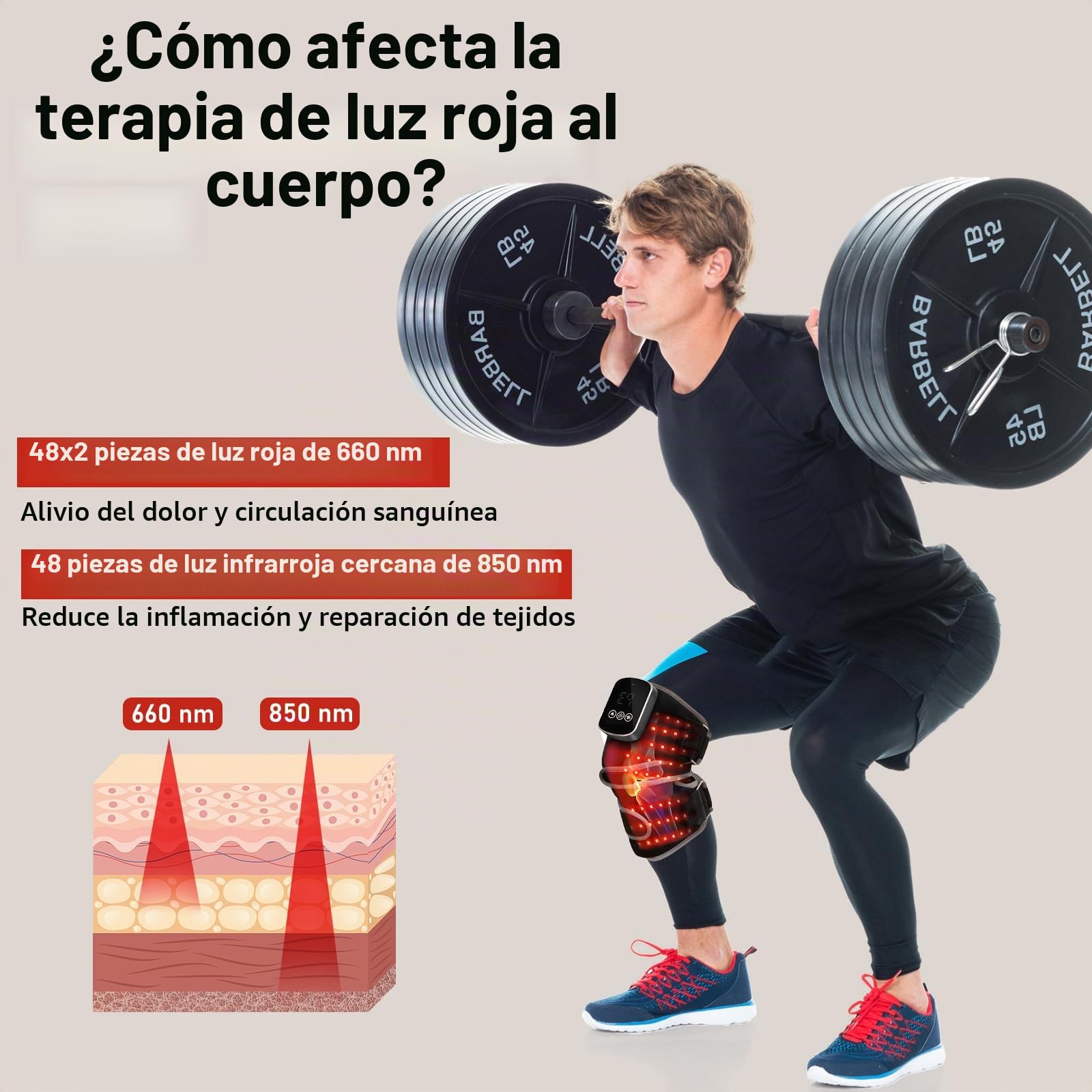 Masajeador de Rodilla Inalámbrico con Pantalla Táctil, 3 Niveles Calor, 3 Modos Masaje, Luz Roja de Doble Longitud de Onda (660 nm y 850 nm) y 5000 mAh para Artritis y Lesiones Muscular