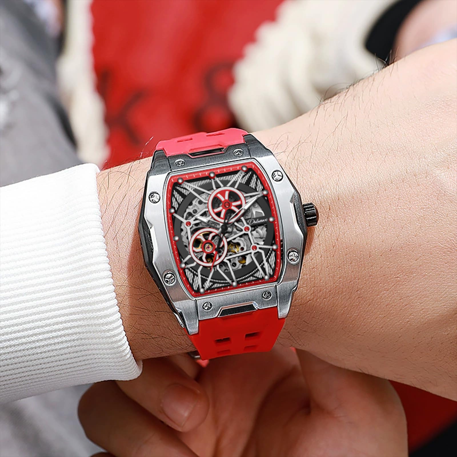 Reloj Mecánico Automático para Hombre Reloj de Barril/Tonneau Cuerda Automática Moda Hueco Azul Narino/Rojo/Negro/Blanco/Diseño Elegante Lmpermeable Luminoso(Rojo Plateado)