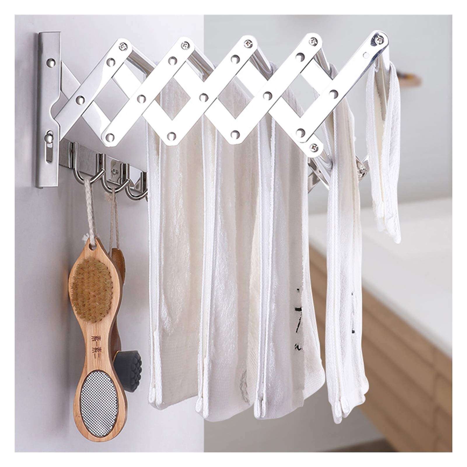 Séchoir mural télescopique 50 cm en acier inoxydable avec crochets pour salle de bain et lessive