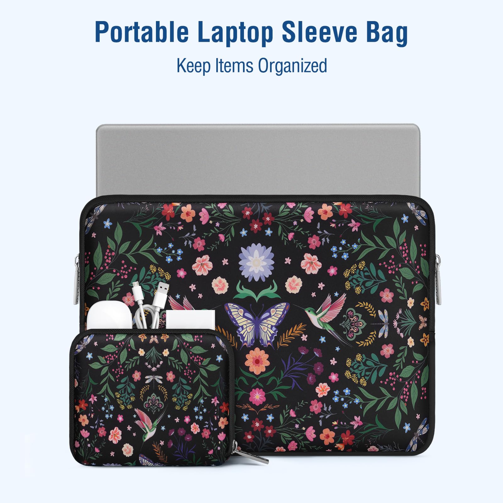 MOSISO 16 Pollici Custodia Laptop,15-15.6 Pollici Borsa PC Compatible con MacBook Pro 16,HP Acer Dell Lenovo ASUS Notebook,Borsa Computer Neoprene con Colibri,Piante&Fiori,con Custodia Piccola,Nero