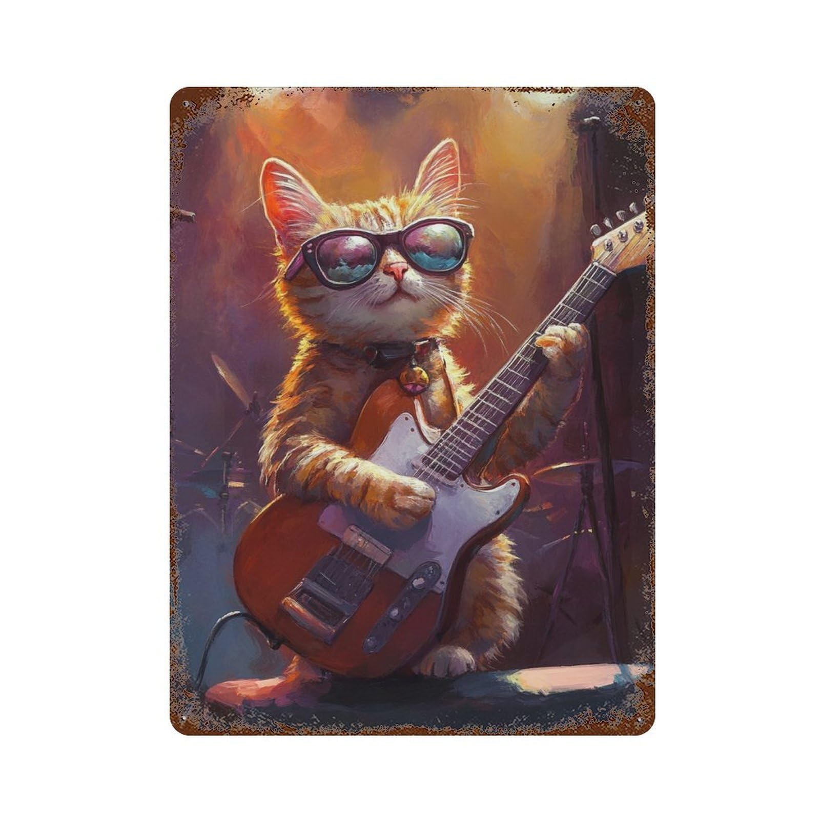 Cat Rock Star Guitar Aged Metal Wall Plaque 15.7"x11.8", Classic Wall Plaque for Garage, Pub Or Kitchen