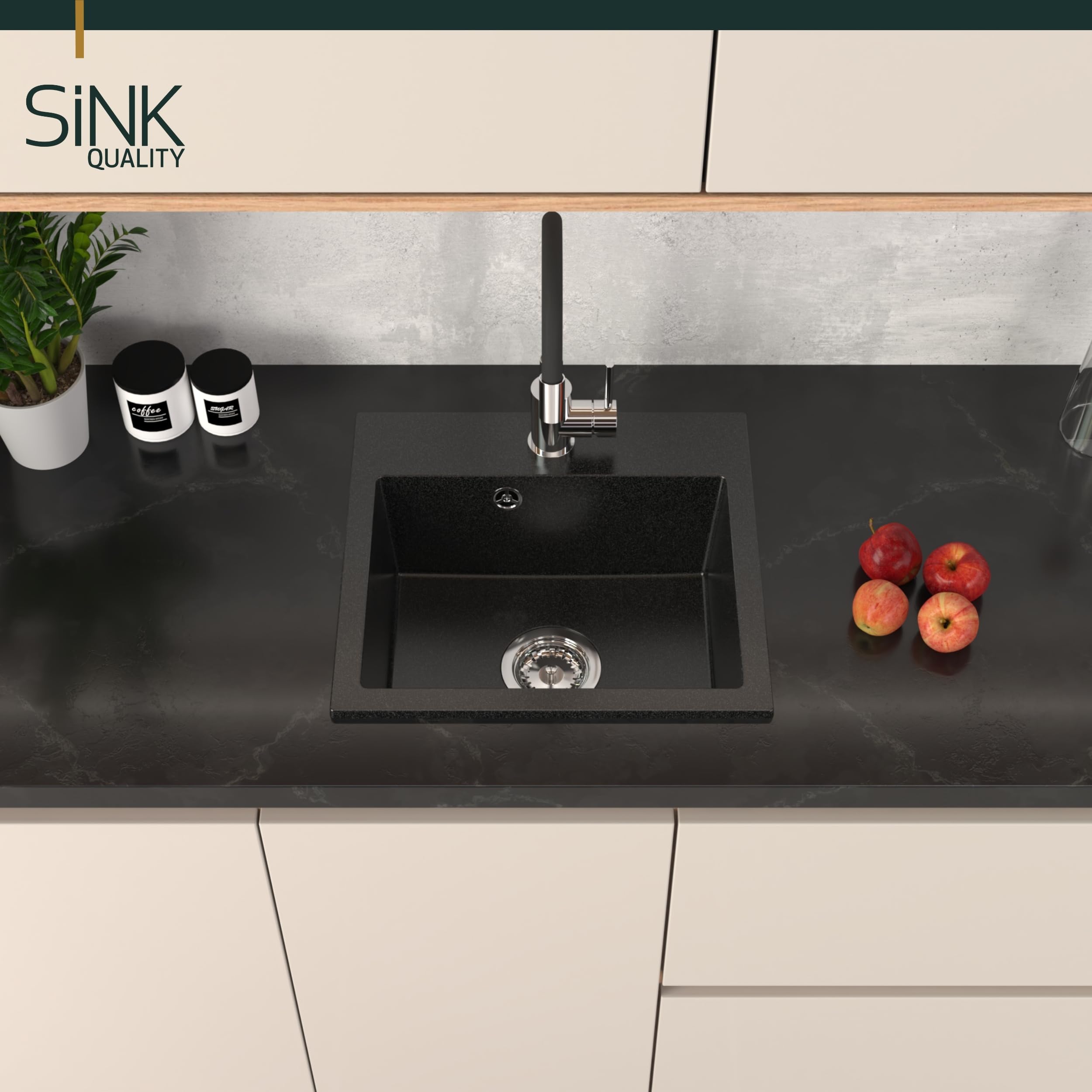 SINK Quality szary zlewozmywak z armaturą zestaw 45 × 42 cm – zlewozmywak z kranem, syfonem i impregnacją – kompletny zestaw z granitu – zlewozmywak do szafki pod umywalkę od 45 cm