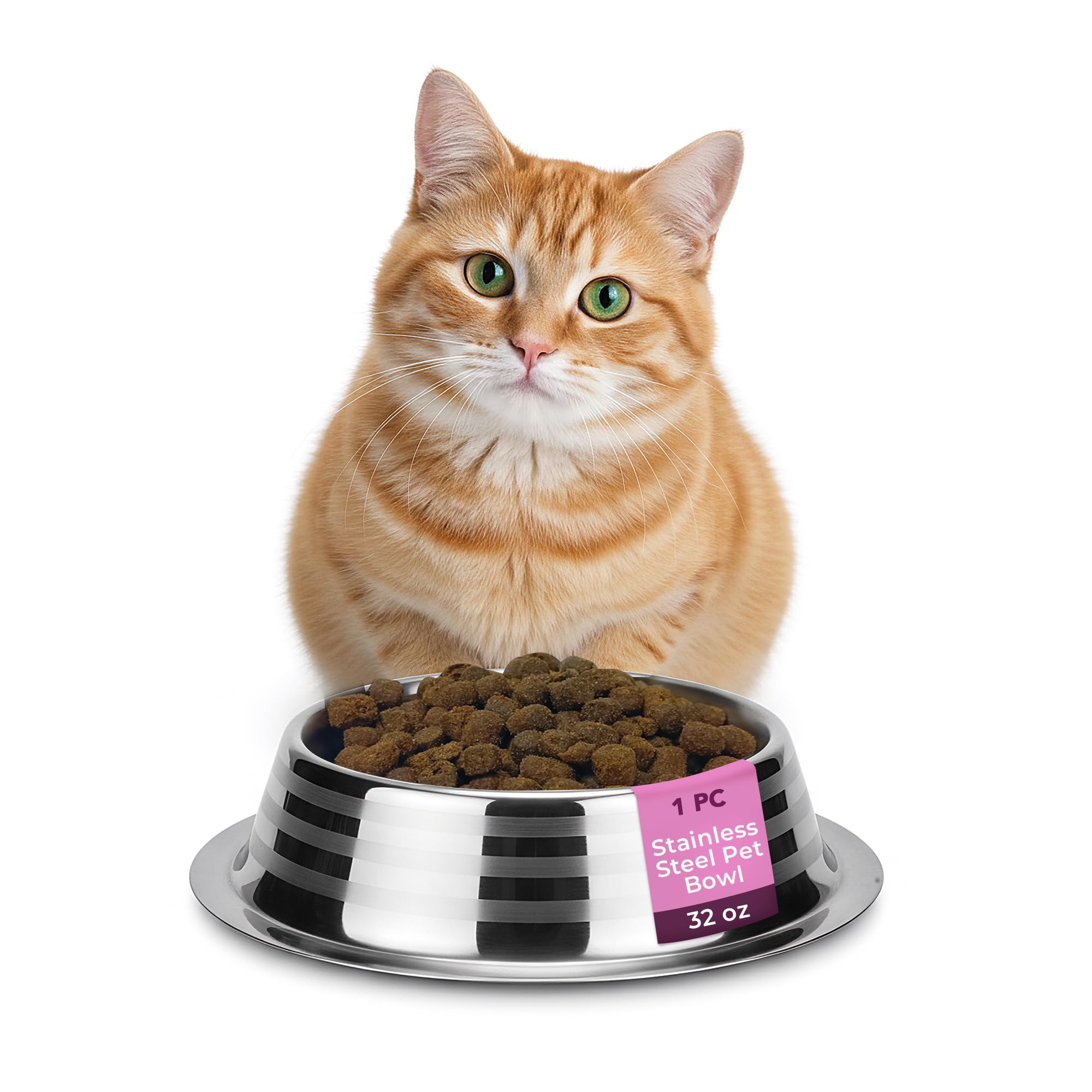 Happinesque Stainless Steel Dog Bowls | Cat Bowls (Pack of 1) - Anti Skid & Non Tip Dog Water Bowl | Cat Water Bowl Set - Dishwasher Safe - 32 Oz - 950 ml - 23 cm Diameter (Elegant Silver Stripes) โ image 1