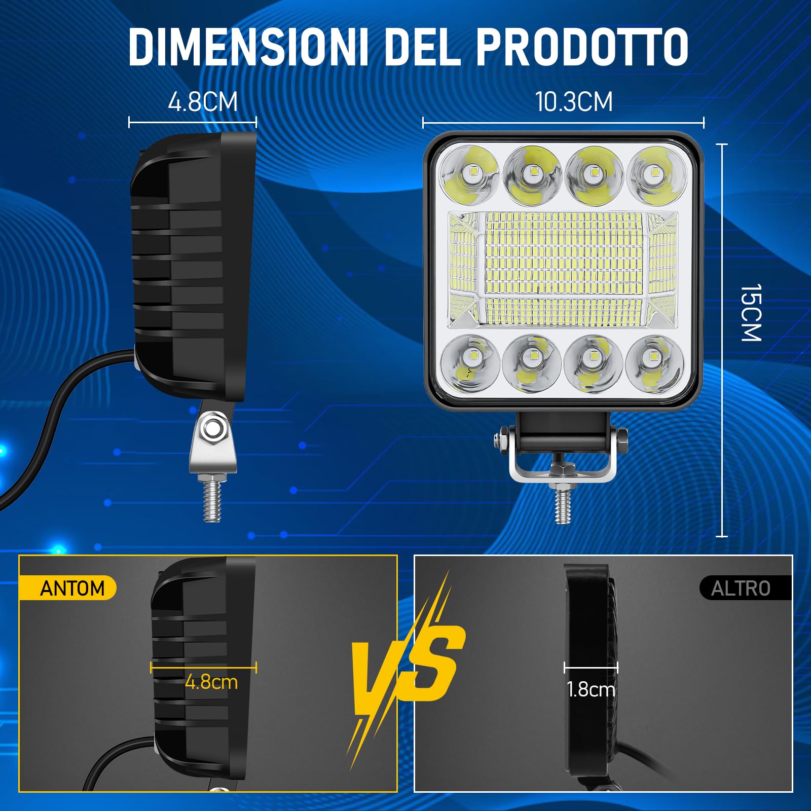 AnTom 2Pcs Faro da Lavoro LED Con funzione anti-radiazioni e anti-interferenze 126W LED faretti auto 12V 24V 6500K Riflettore IP68 Luci di Lavoro Fuoristrada per Moto Auto ATV Trattore Barca