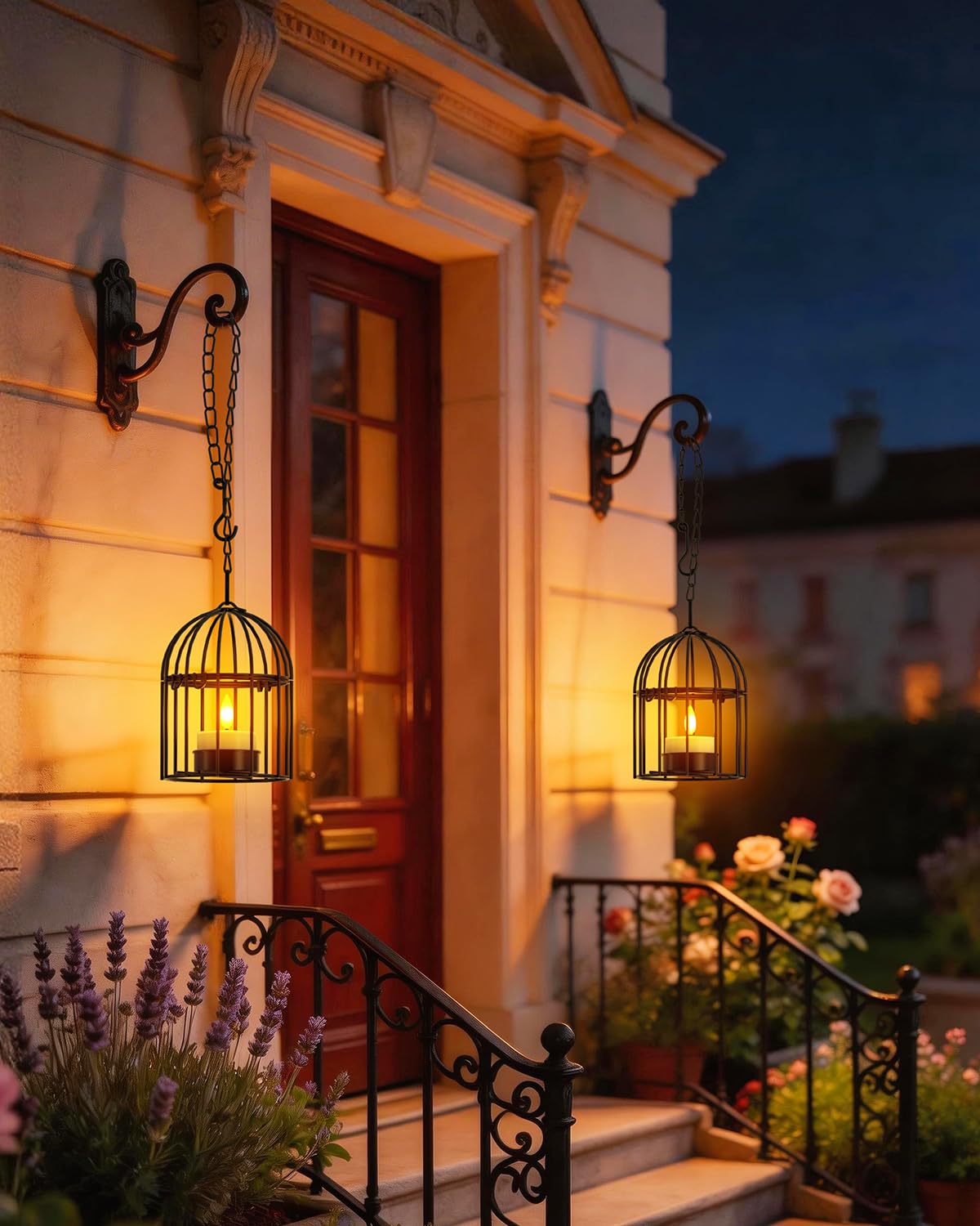 SoulBay Lanternes suspendues avec lumières solaires brillantes - 4 pièces (2 grandes, 2 petites) Bougies solaires étanches pour l'extérieur, lumières de jardin pour arbre, patio, clôture, décoration