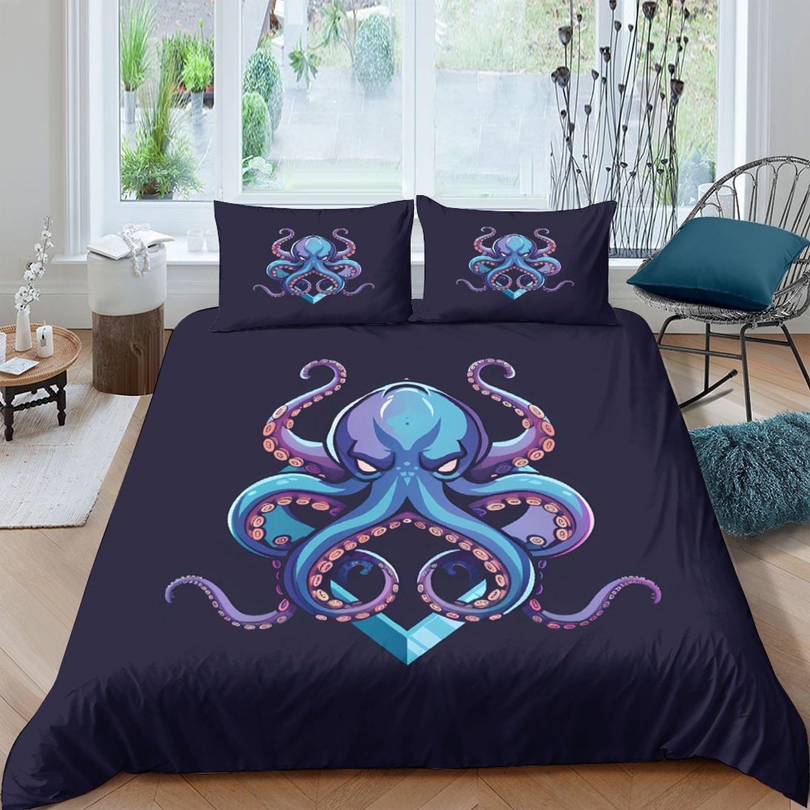 Ctjqhvkz Style-10 3D Printed Octopus Ocean Fitted Sheet Microfiber Soft Deep Blue Sea Mattress Cover For Bedroom Guest Room Decor Single（135X200cm）