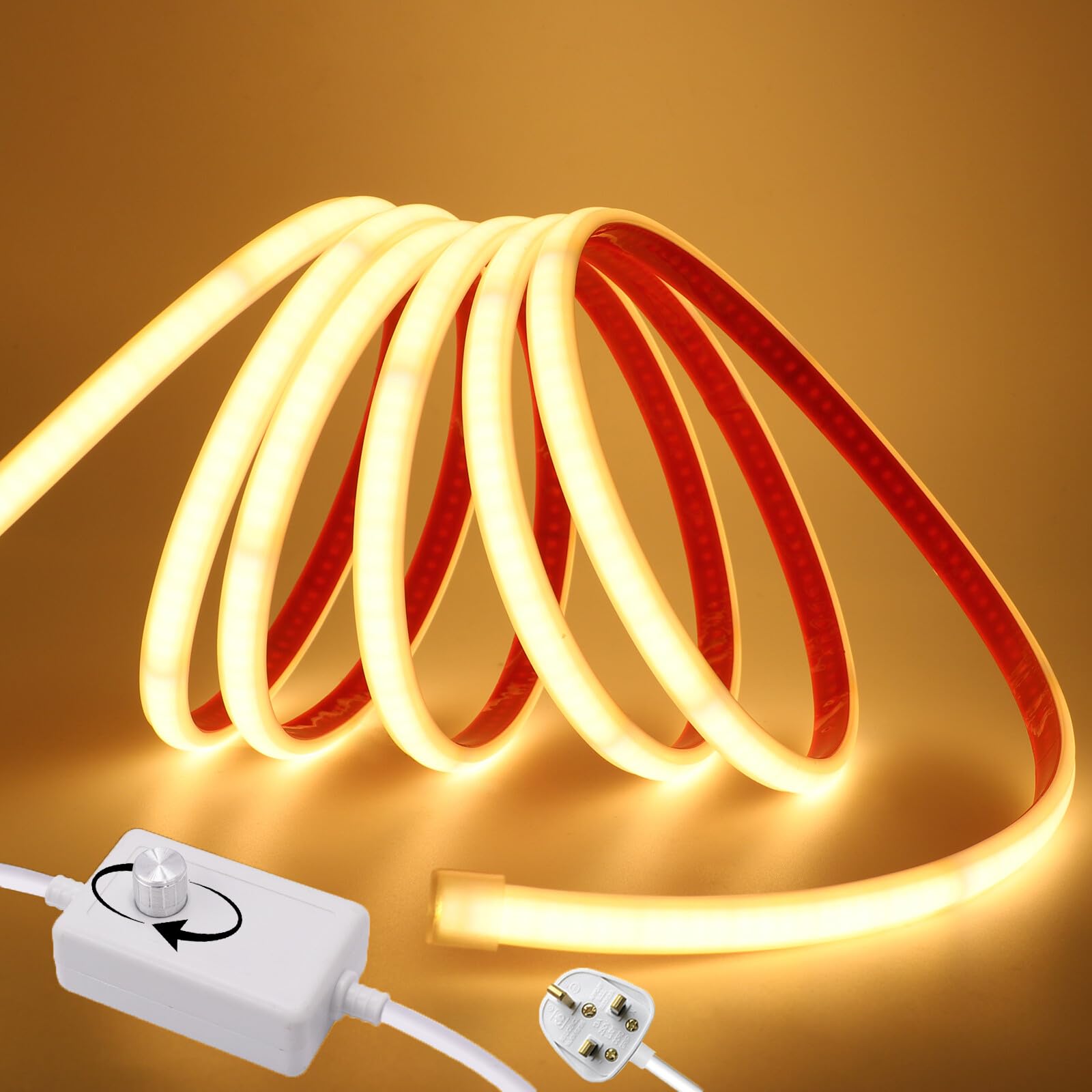 KAFULA Dimmable COB Light Strip LED Neon Light, 5M Warm White 3000K, 220V Waterproof | Cuttable Flexible LED Rope Light CRI90+, 240 LEDs/m, Home Decoration/Kitchen/Mirror/Cabinet/Stairs/Window
