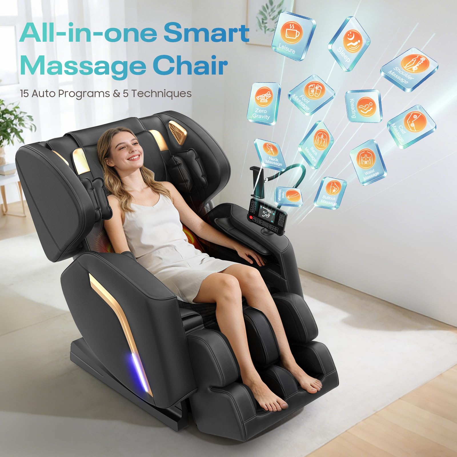 Poltrona Massaggiante con Funzione di Riscaldamento,14 Rulli Massaggianti,9 Airbag,Massaggio ai piedi,Altoparlante Bluetooth,Controllo Tramite Smartphone,Controller Touchscreen, Gravità Zero