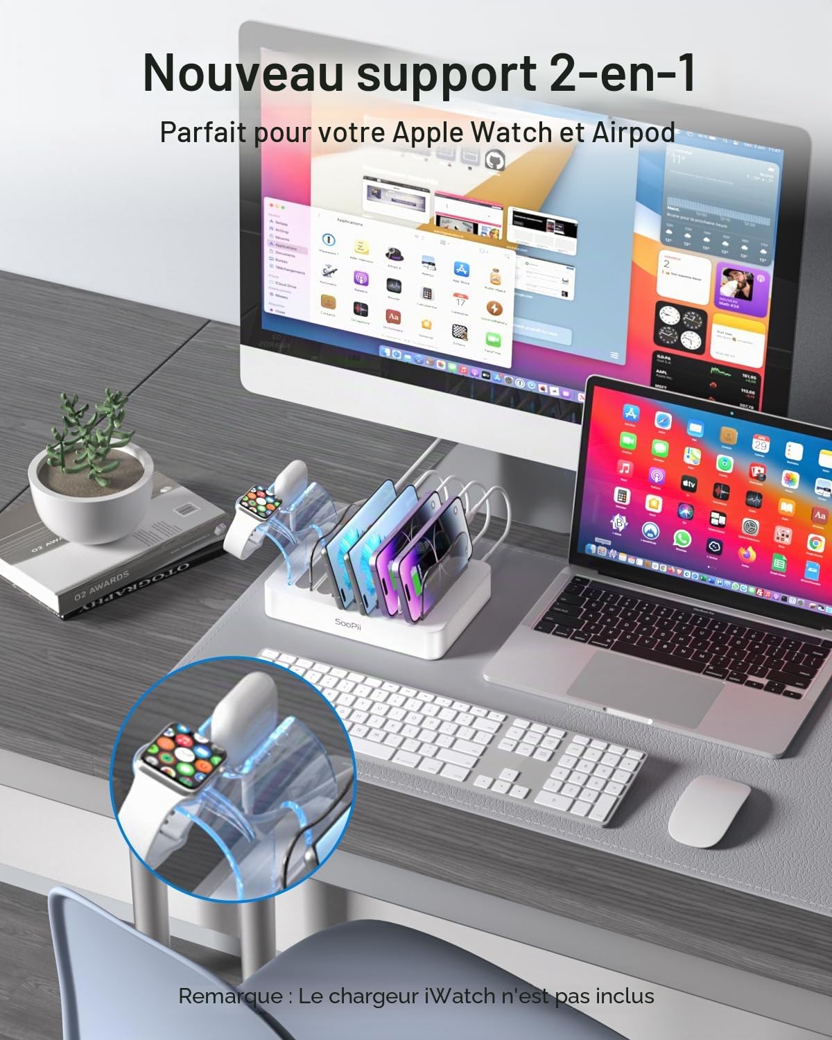 SooPii 50W 6 Ports Station de Charge USB pour Plusieurs appareils, Blanc | Station de Charge avec 6 câbles et Support de Chargeur i-Watch amélioré Inclus,pour téléphones,tablettes et Plus Encore