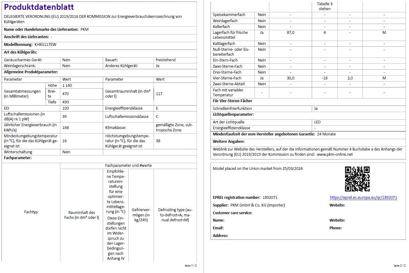 PKM Chłodziarko-zamrażarka KHKG117E 117 litrów, pojemność użytkowa tylko 39 dB (biała)