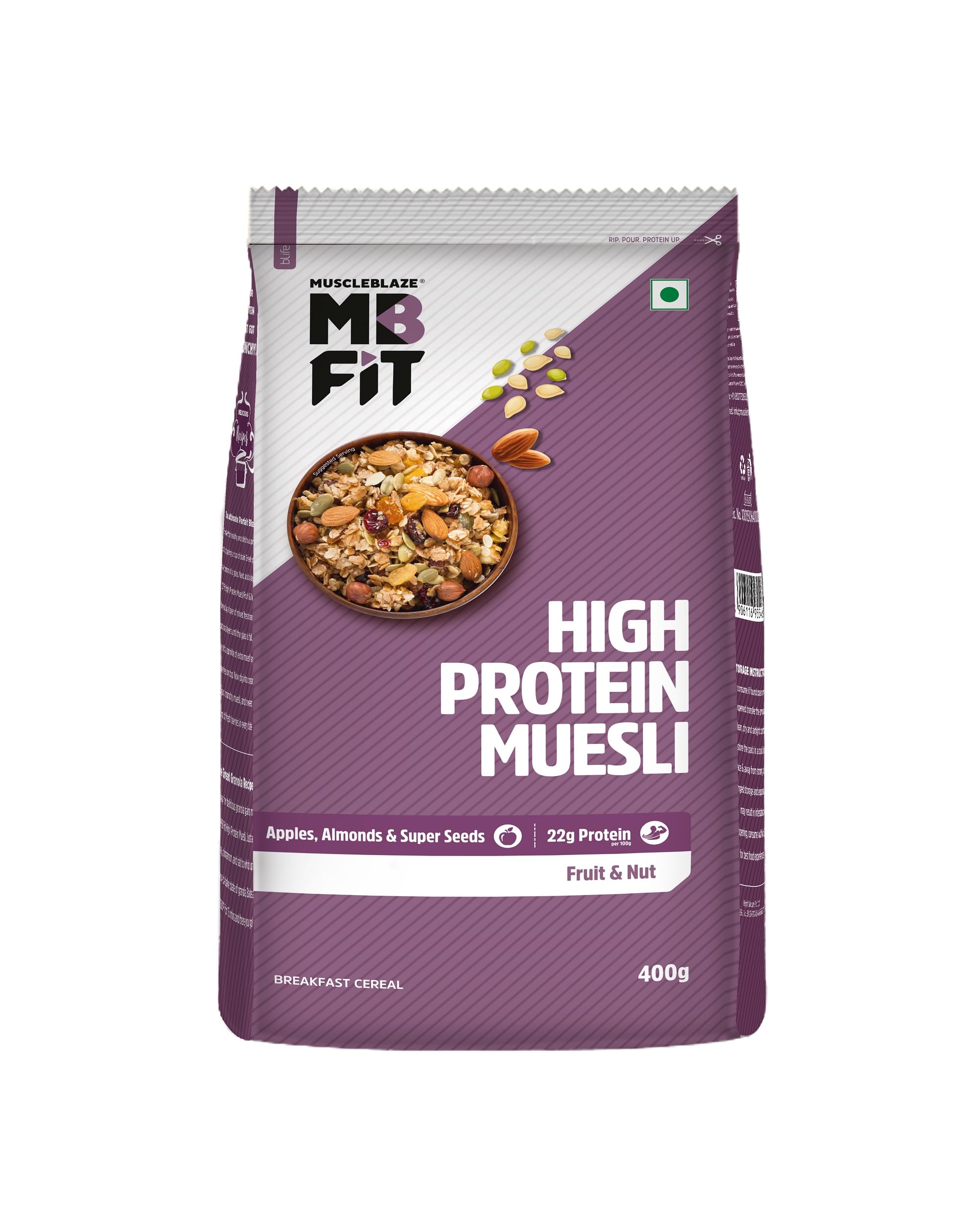 High Protein Muesli, Fruits & Nut, 18 g Protein, with Superseeds, Raisins & Almonds, Ready to Eat Healthy Snack, 400 g
