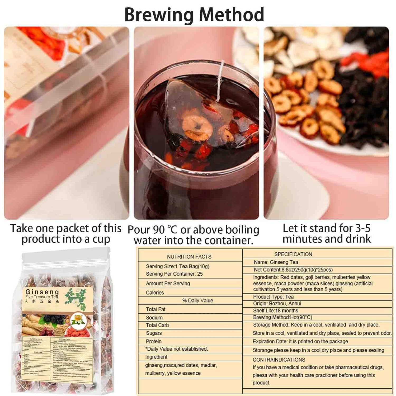 Ginseng & Mulberry Herbal Tea, Ginseng Five Treasures Tea Kidney Tea, Goji Berry Chinese Kidney Cleanse Detox TeaBag for Men Women (2Bag(50pcs)) - Image 7